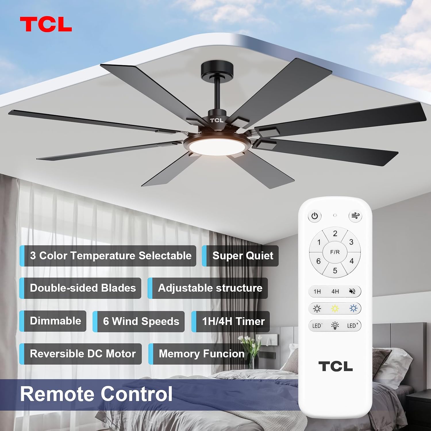 Detalle 2 de TCL 72-Inch Ceiling Fan with Light and Remote — 8 Blades, Quiet DC Motor, Dimmable LED