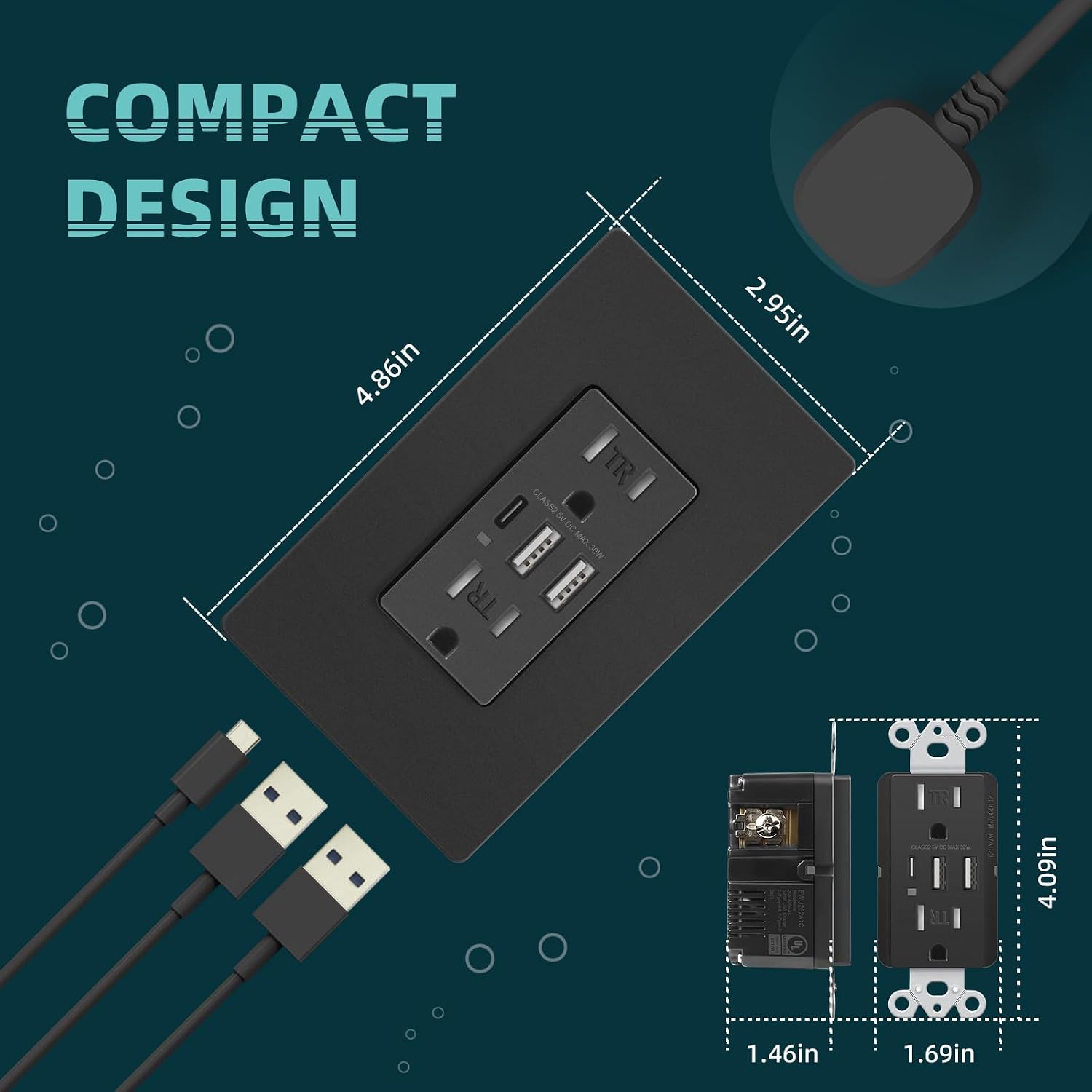 Detalle 1 de TOPELER Black 3-Port USB Wall Outlet, 30W USB-C, 15A Tamper-Resistant