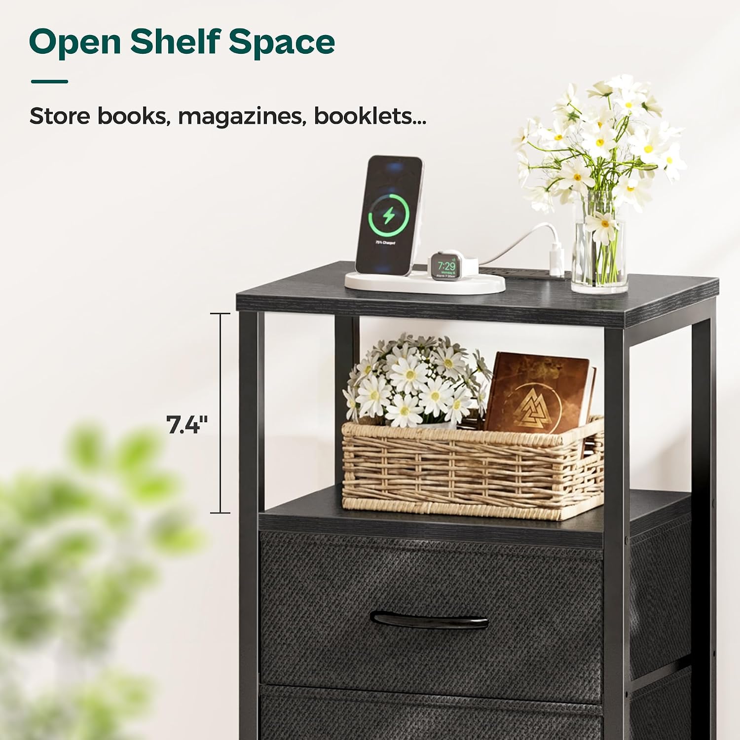 Thumbnail 6 de Huuger Nightstand with Charging Station, 4 Fabric Drawers and Open Shelf