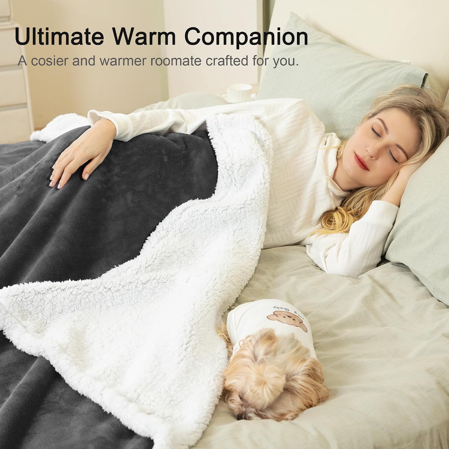 Detalle 2 de Winthome Double-Layered Sherpa Fleece Throw Blanket – Ultra Soft, Warm and Breathable 130 x 170 cm (Grey)