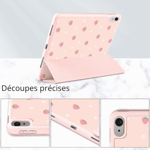 Detalle 2 de Fycyko Étui pour iPad 11e Génération (11 pouces) et iPad 10e Génération 2022 – Coque antichoc avec porte-crayon et motif floral Fraise Rose