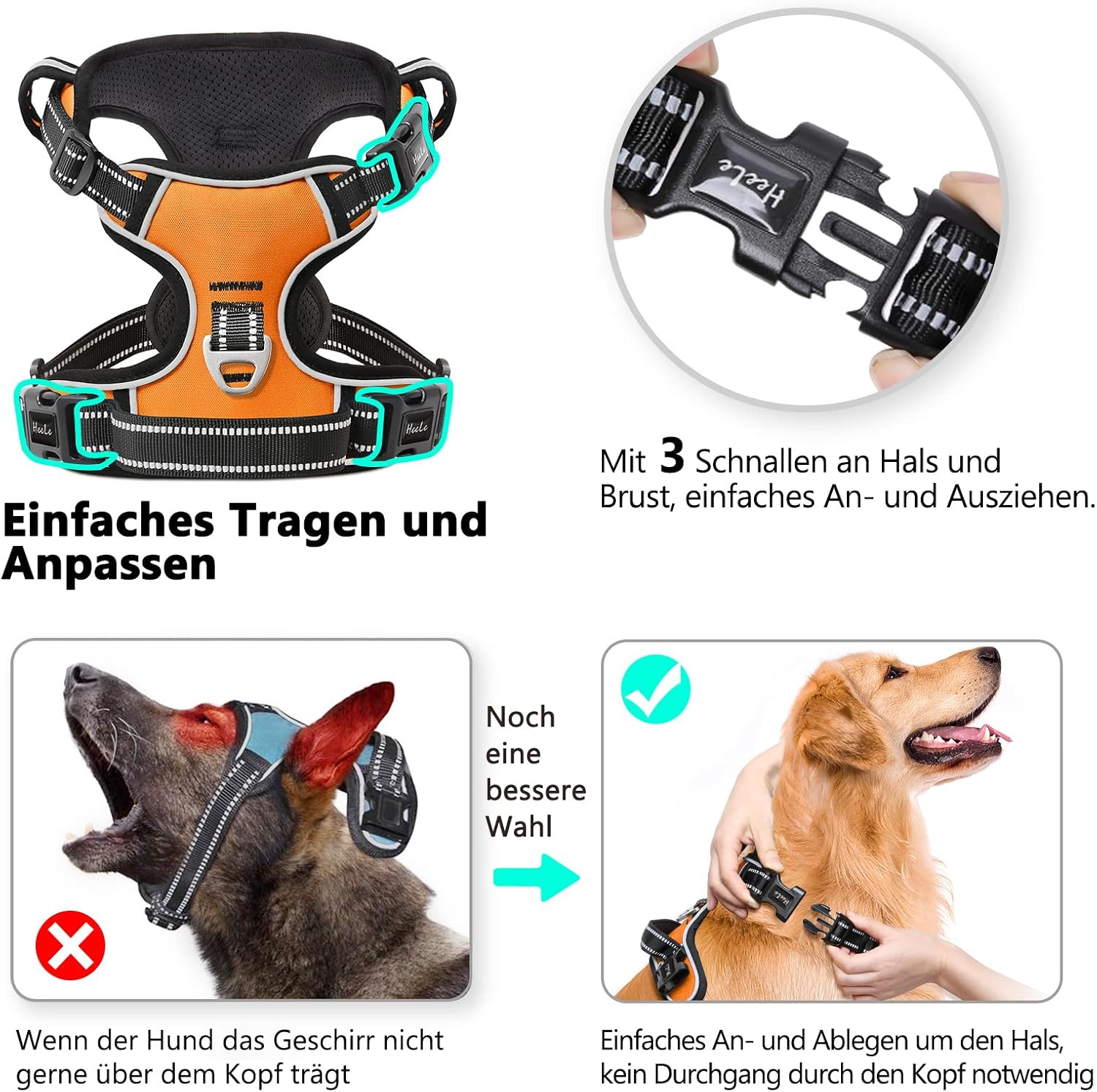 Detalle 2 de HEELE Hundegeschirr ohne Zug – Brustgeschirr für große Hunde, reflektierend, XL, atmungsaktiv mit gepolstertem Griff
