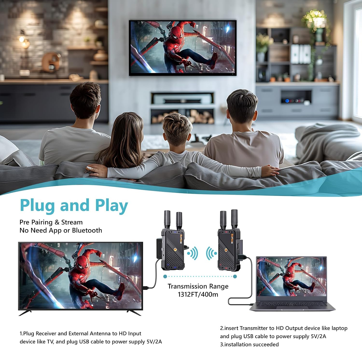Detalle 2 de BovBox Wireless HDMI Transmitter & Receiver Kit (1312 ft, 1080p, IR, Loop-Out)