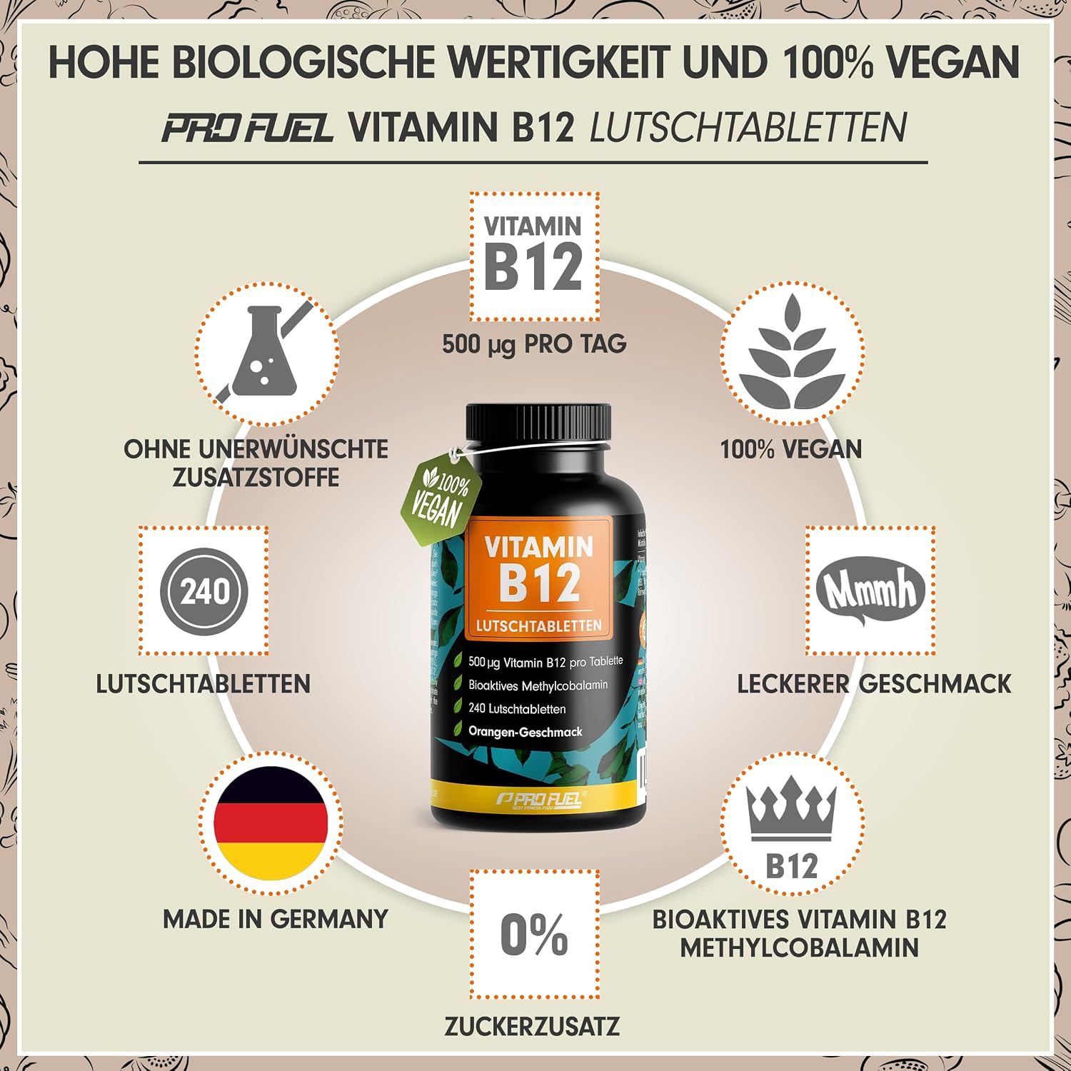 Detalle 2 de Vitamin B12 Lutschtabletten 240x Orange – 500 µg Methylcobalamin, vegan & zuckerfrei mit Xylit