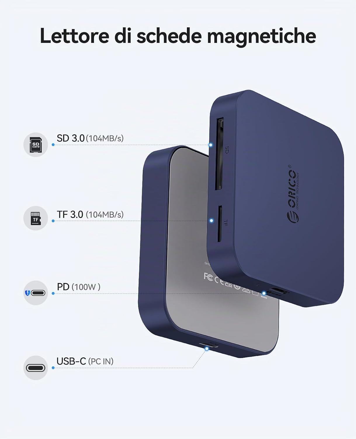 Detalle 2 de ORICO Lettore di schede SD magnetico con ricarica PD 100W 4 in 1 – USB‑C, SD/TF 3.0 e compatibilità iPhone/iPad/MacBook