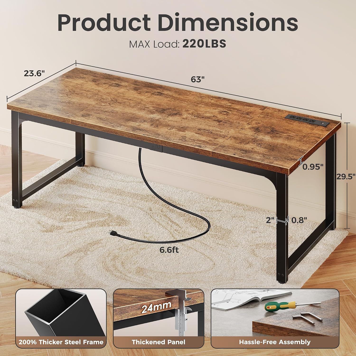 Detalle 2 de Huuger 63 x 24 Inch Desk with USB-C Outlet