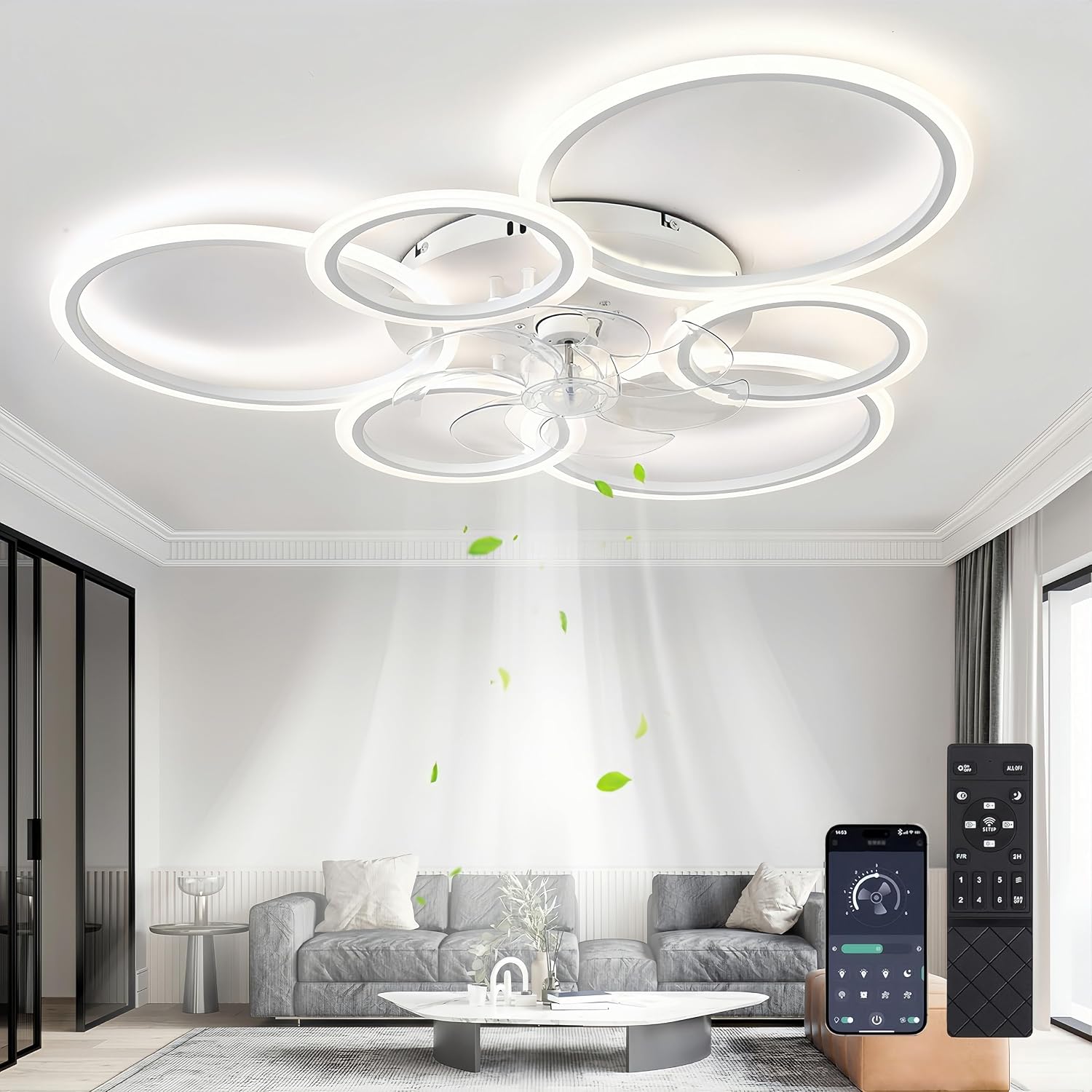 Detalle de MiiR Deckenventilator mit Beleuchtung, LED dimmbar & Fernbedienung – umkehrbarer Motor, 6-Gang (85 W, 6.800 lm), weiß