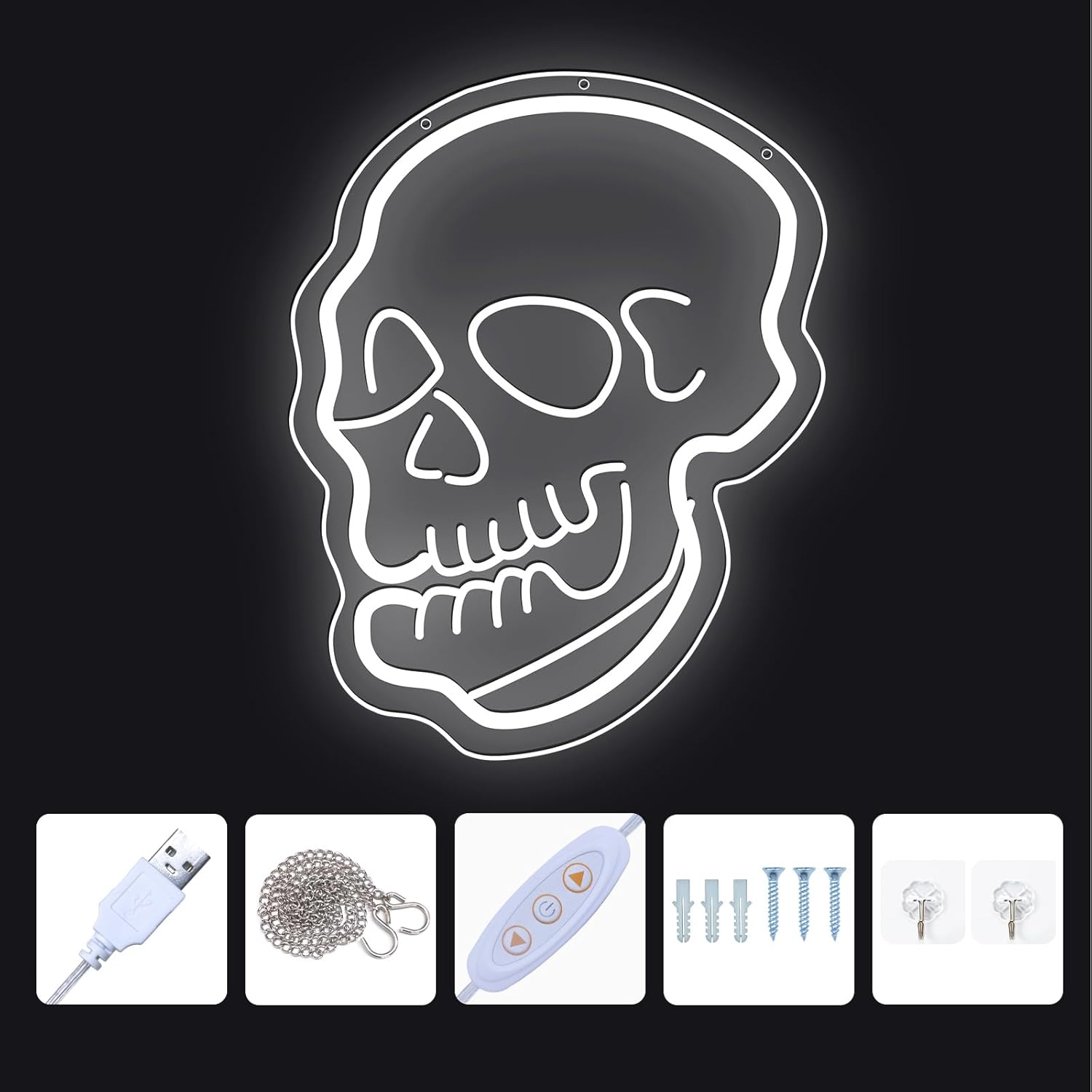 Detalle 2 de ENUOLI Skeleton Skull Neon Sign: USB‑Powered LED Skull Neon Light for Bedroom, Adjustable Brightness
