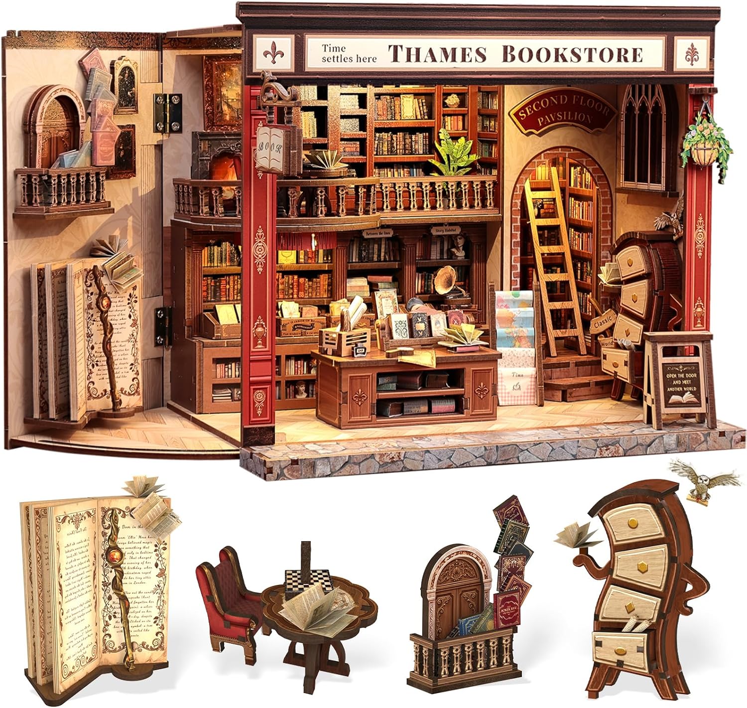 CUTEBEE Book Nook Kit – Miniatur-Puppenhaus (Thames Bookstore) mit LED-Licht