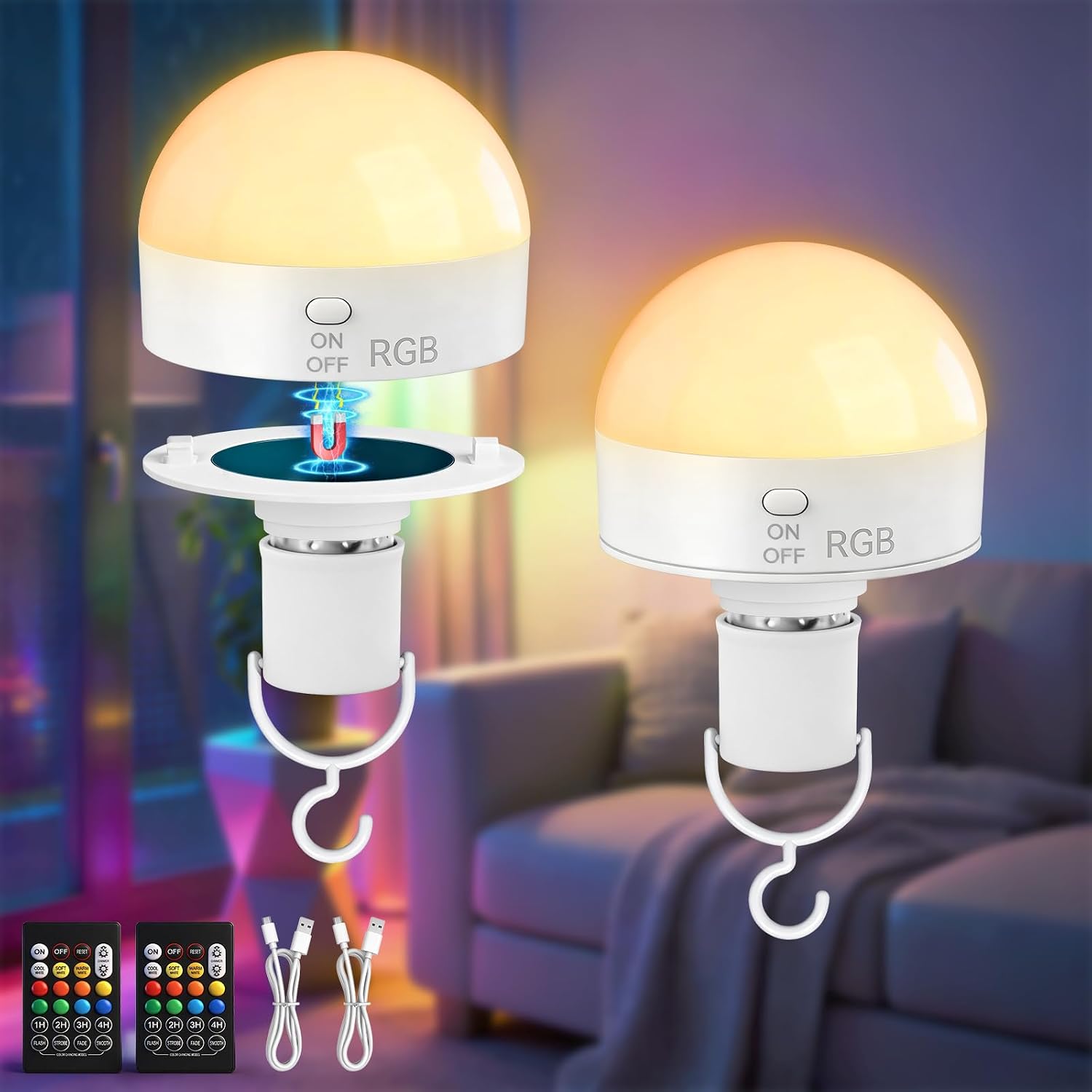 Detalle de Kimjo D0936 oplaadbare E27-ledlampen, 10 W, dimbaar en RGB met magnetische voet, 2 stuks