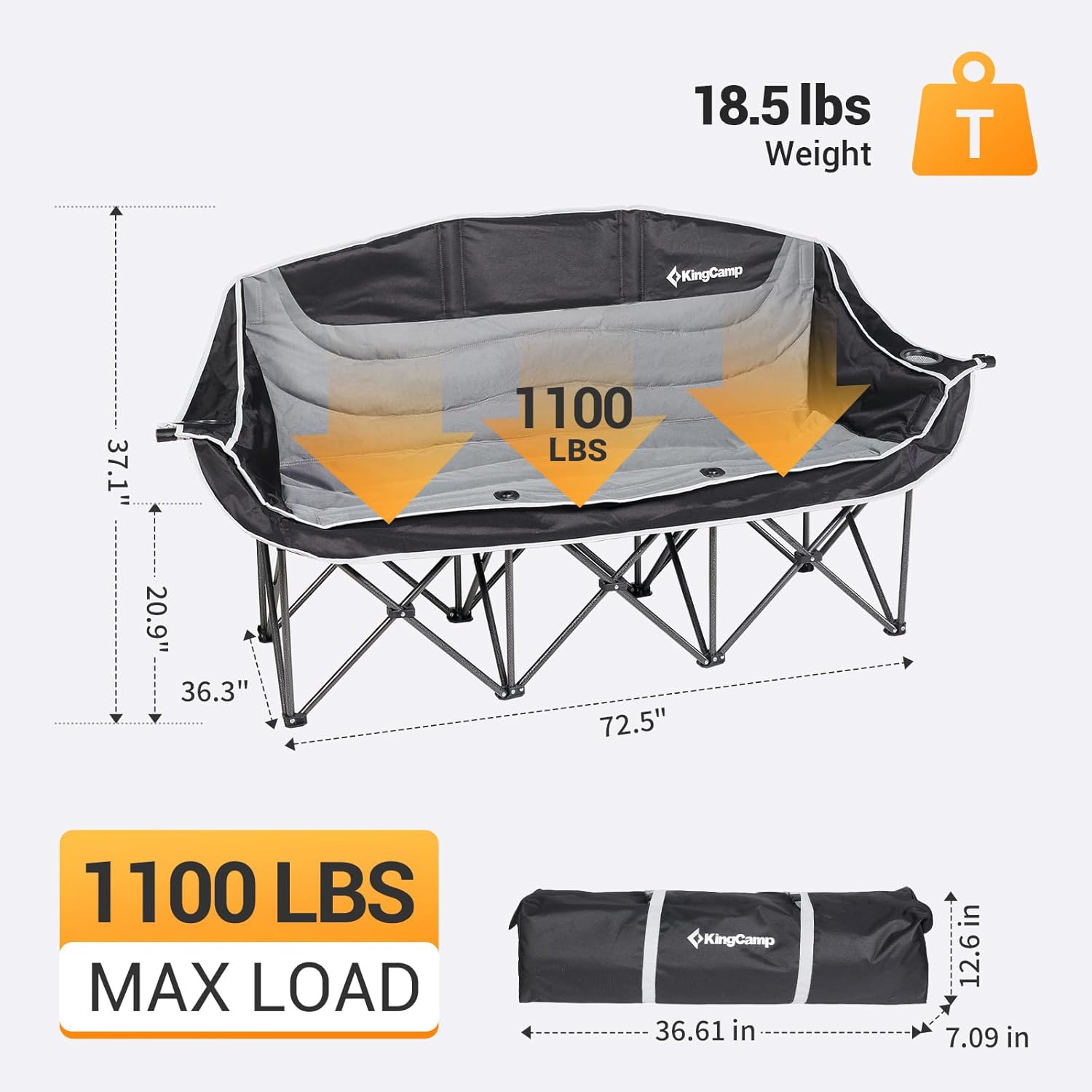 Detalle de KingCamp 3 Person Camping Chair: Oversized Heavy-Duty Loveseat for Outdoor Comfort