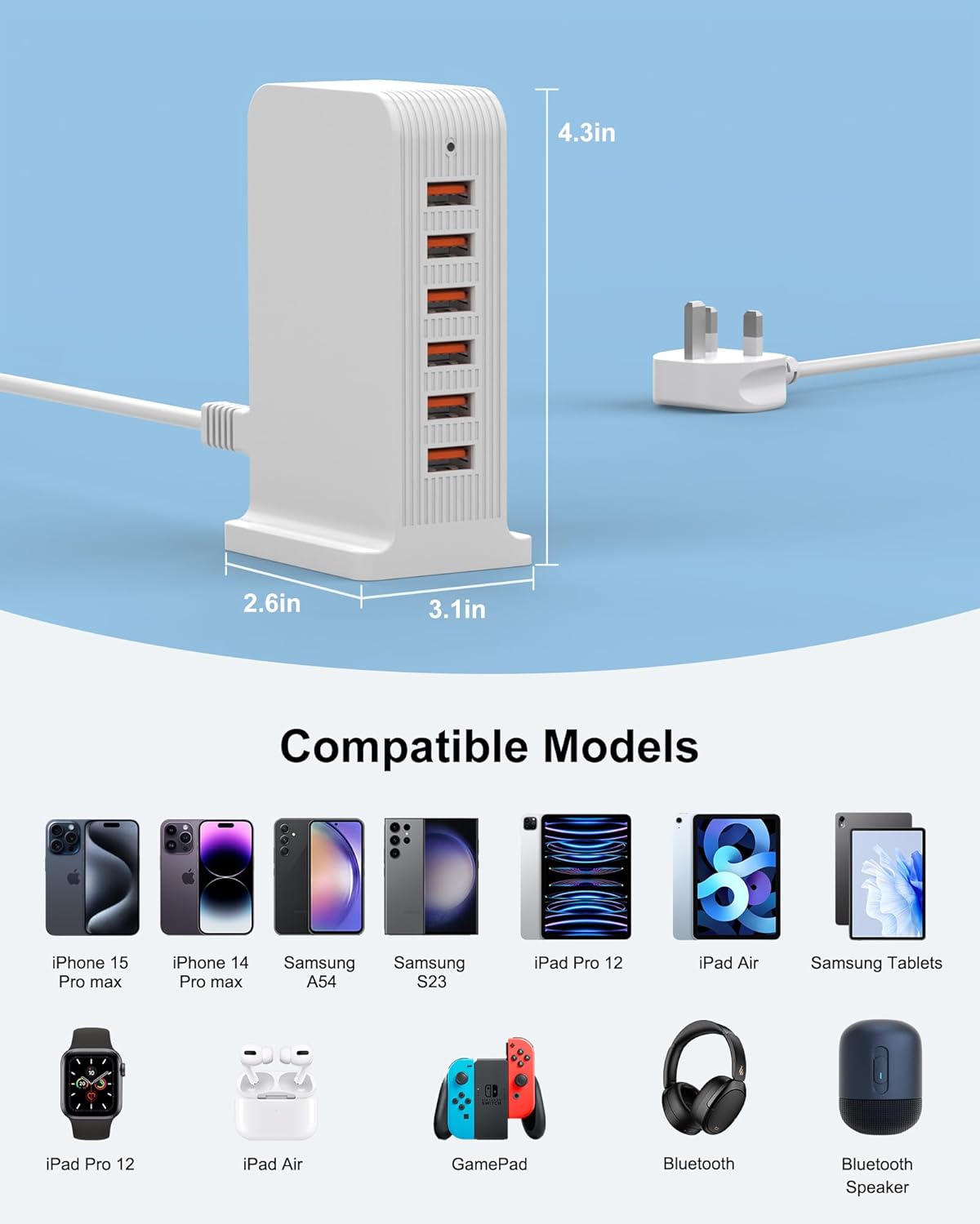 Thumbnail 4 de Qurzou USB Charger 50W 6-Port USB Tower (White)