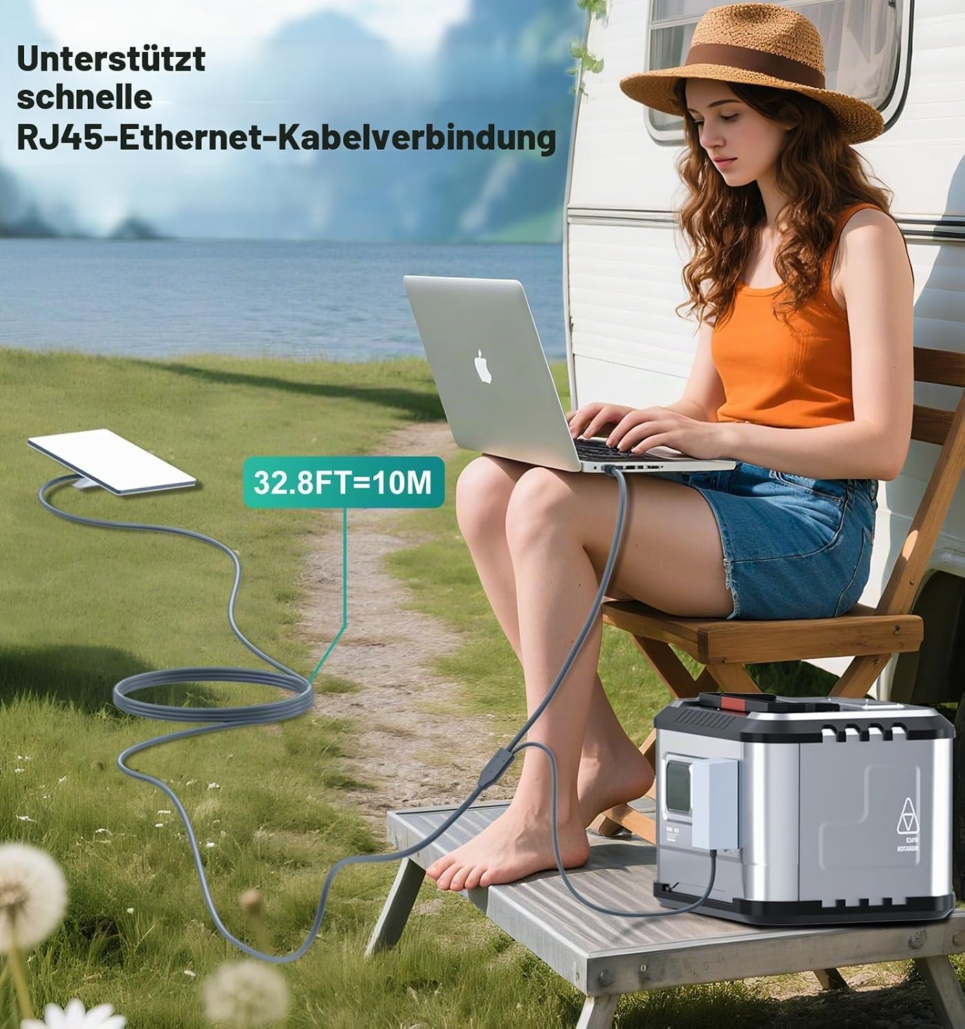 Detalle de HanCenDa 2 in 1 für Starlink Mini – 10 m Kabel, Netzteil + RJ45, wasserdicht, ideal für Boot & Wohnmobil