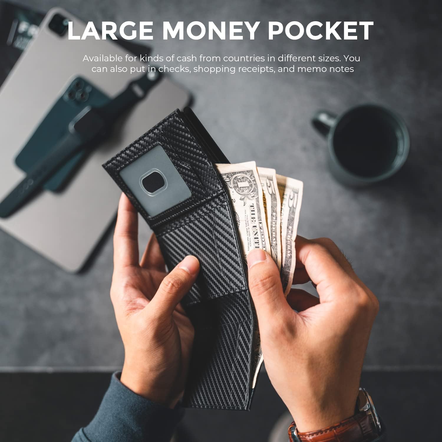 Detalle de VULKIT Leather Pop Up Card Wallet with RFID Blocking and Banknote Compartment