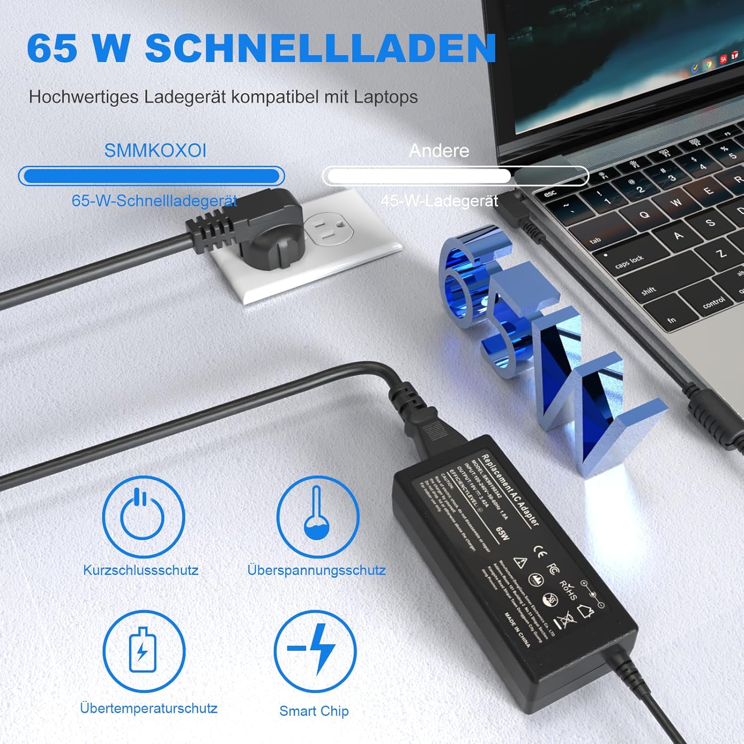 Detalle de 65W Acer Laptop-Ladegerät kompatibel mit Acer Aspire & Swift Serien – vielseitiges Ersatznetzteil