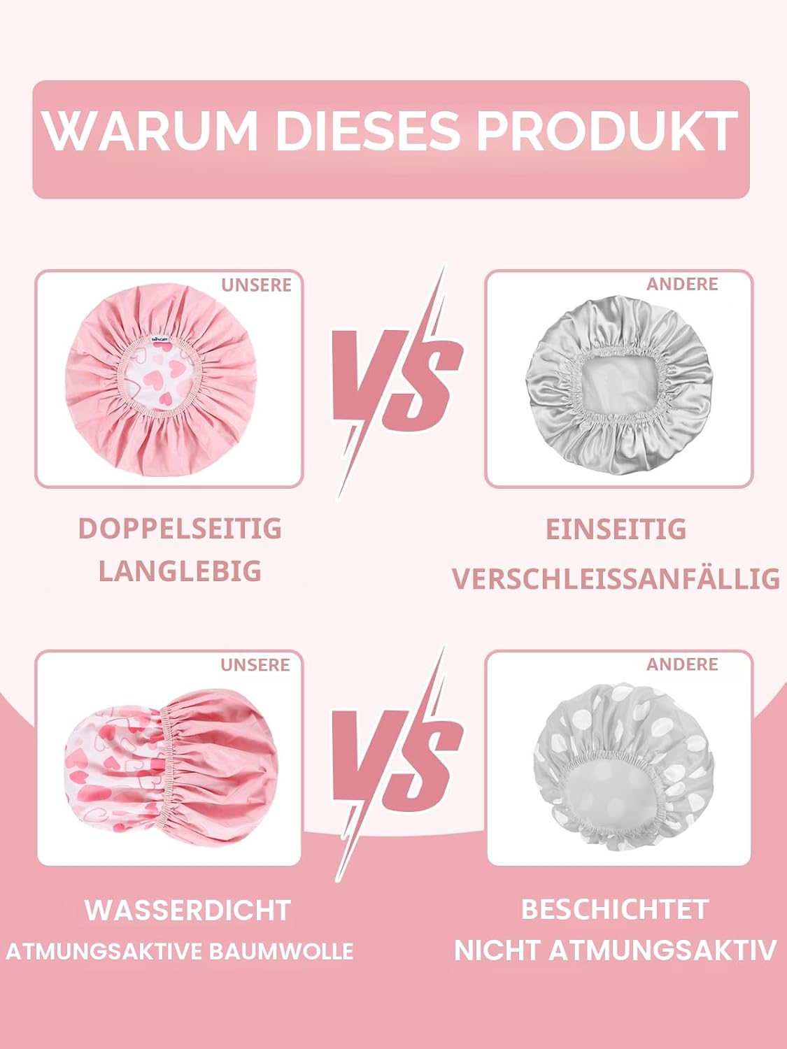 Thumbnail 3 de Years Calm Duschhaube Damen wasserdicht Rosa 2-lagig