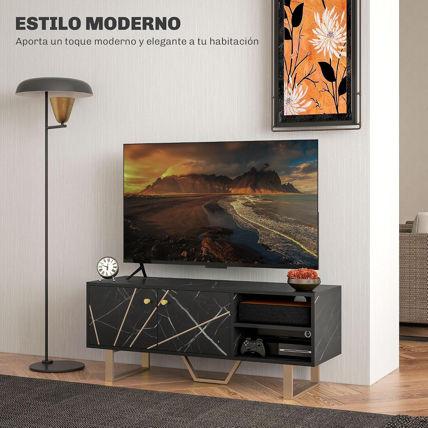 Detalle 2 de HOMCOM Mueble de TV Efecto Mármol Negro y Dorado 🖤