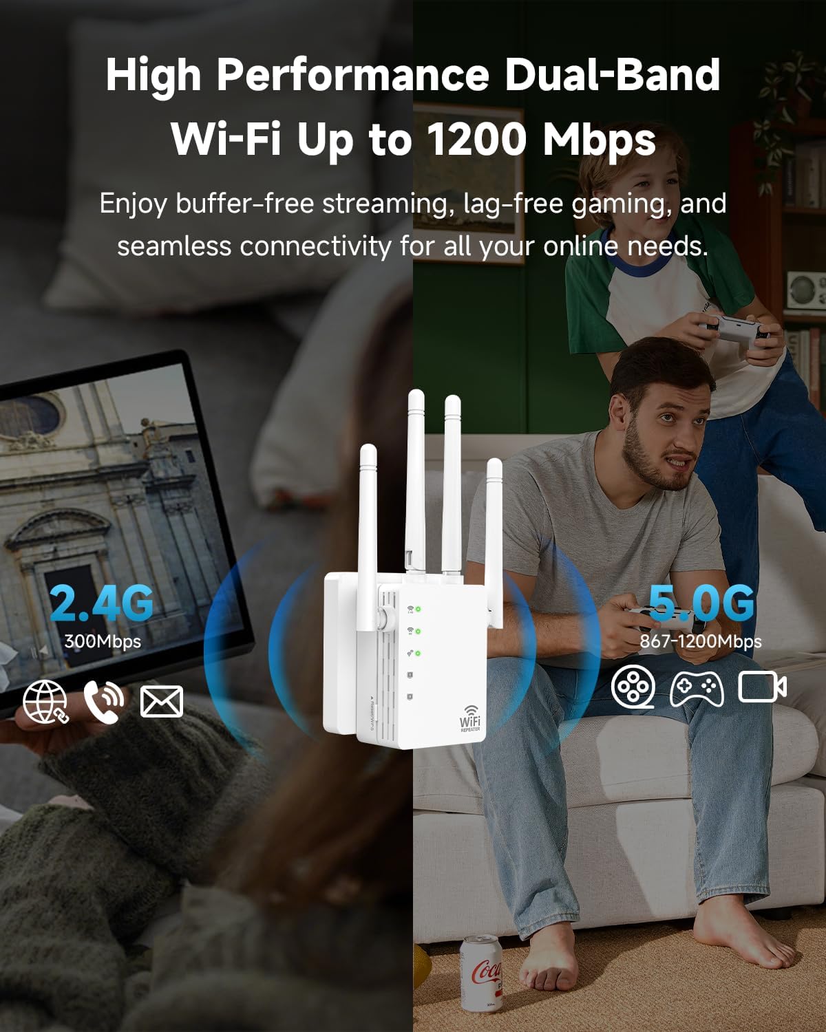 Detalle de 1200Mbps Dual Band WiFi Extender with 360° Coverage and 105-Device Support