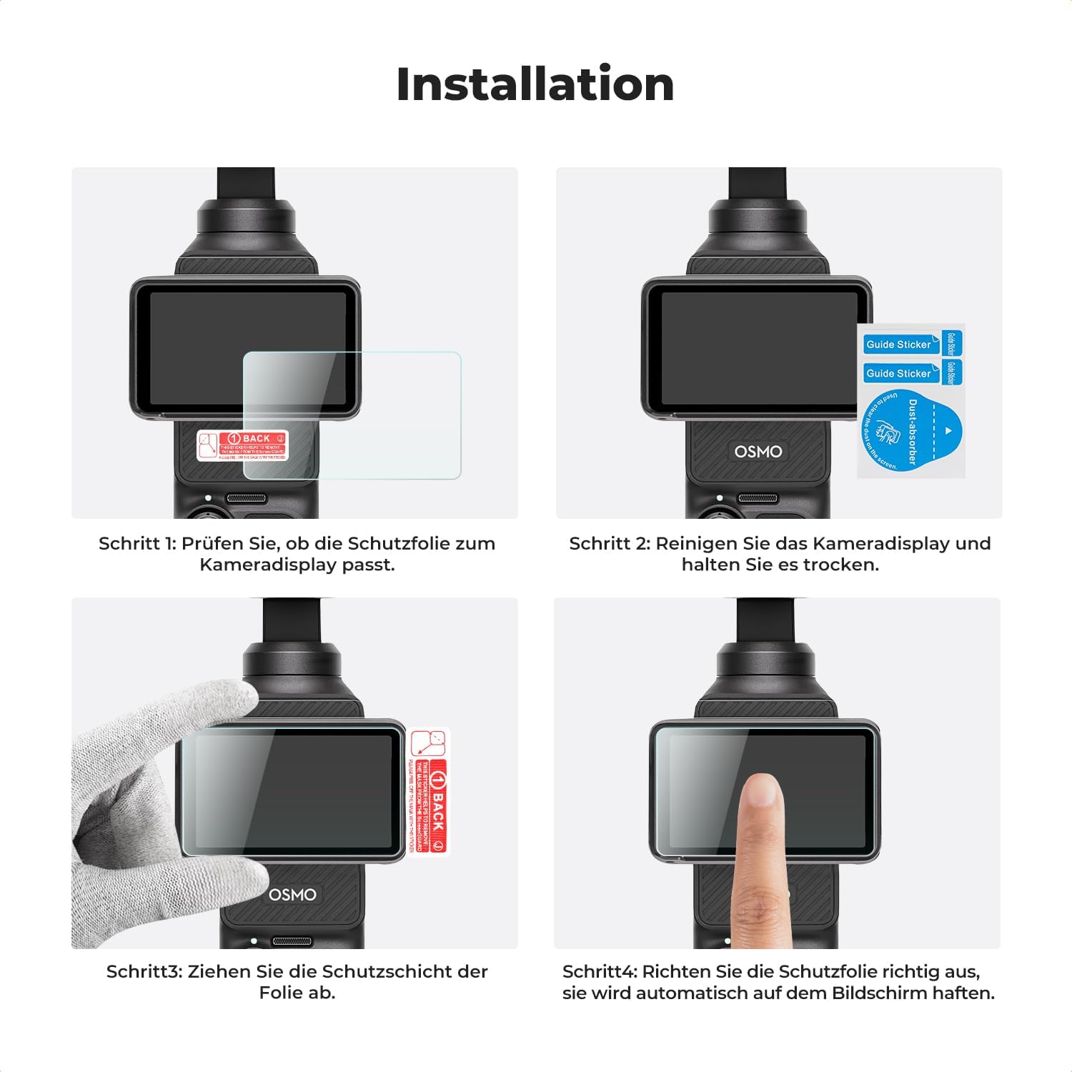 Thumbnail 4 de K&F CONCEPT Schutzfolie für Pocket 3/4: Displayschutz- und Lensschutzfolie (9H) aus Hartglas, blasenfrei, 3er-Set