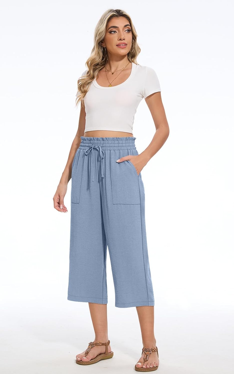Detalle de MLXSJ Women's Capri Pants: Summer Wide-Leg High-Waisted Drawstring Trousers with Pockets