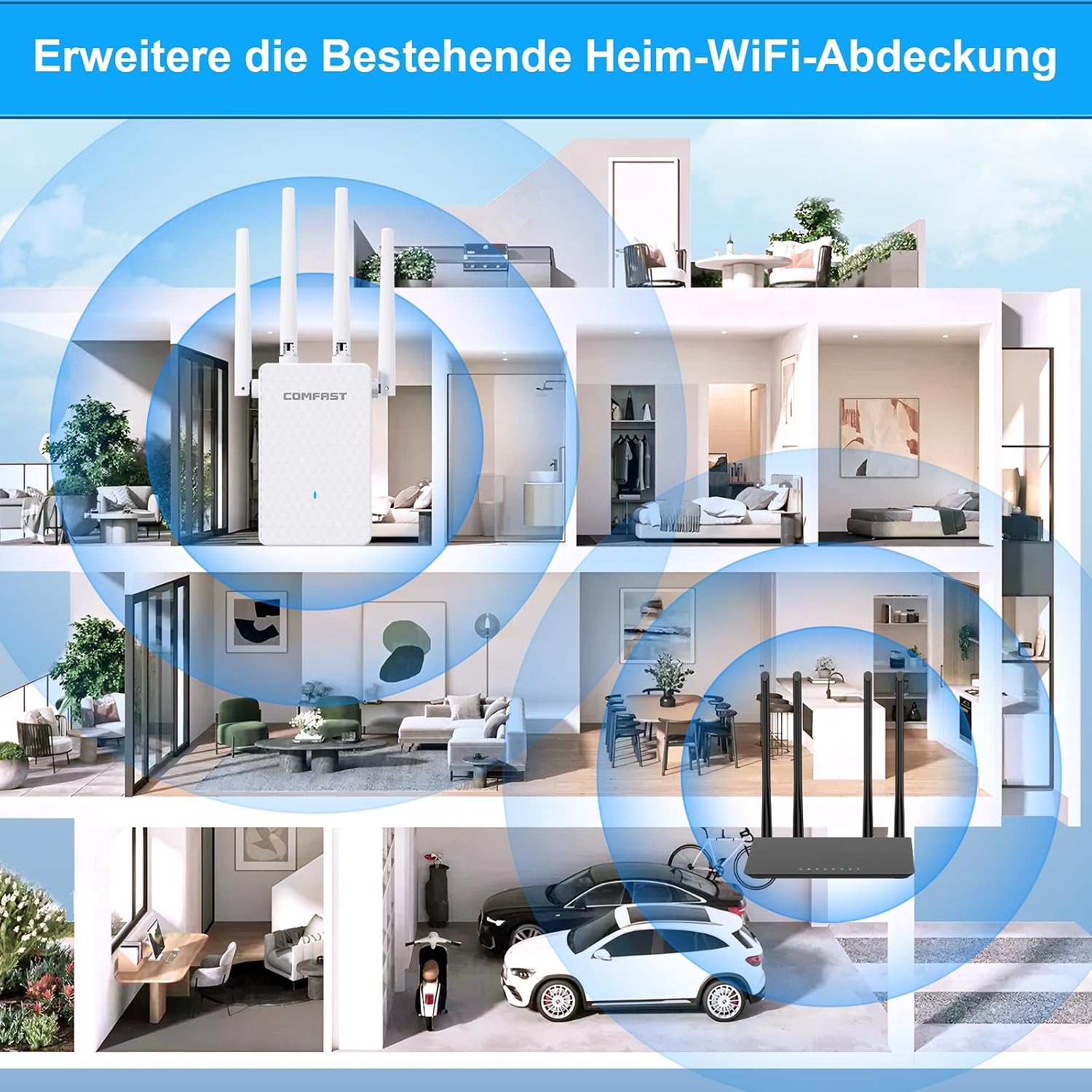 Thumbnail 1 de COMFAST WLAN-Verstärker: 1200 Mbit/s Dual‑Band Repeater/Router/AP mit 4 Antennen und MU‑MIMO