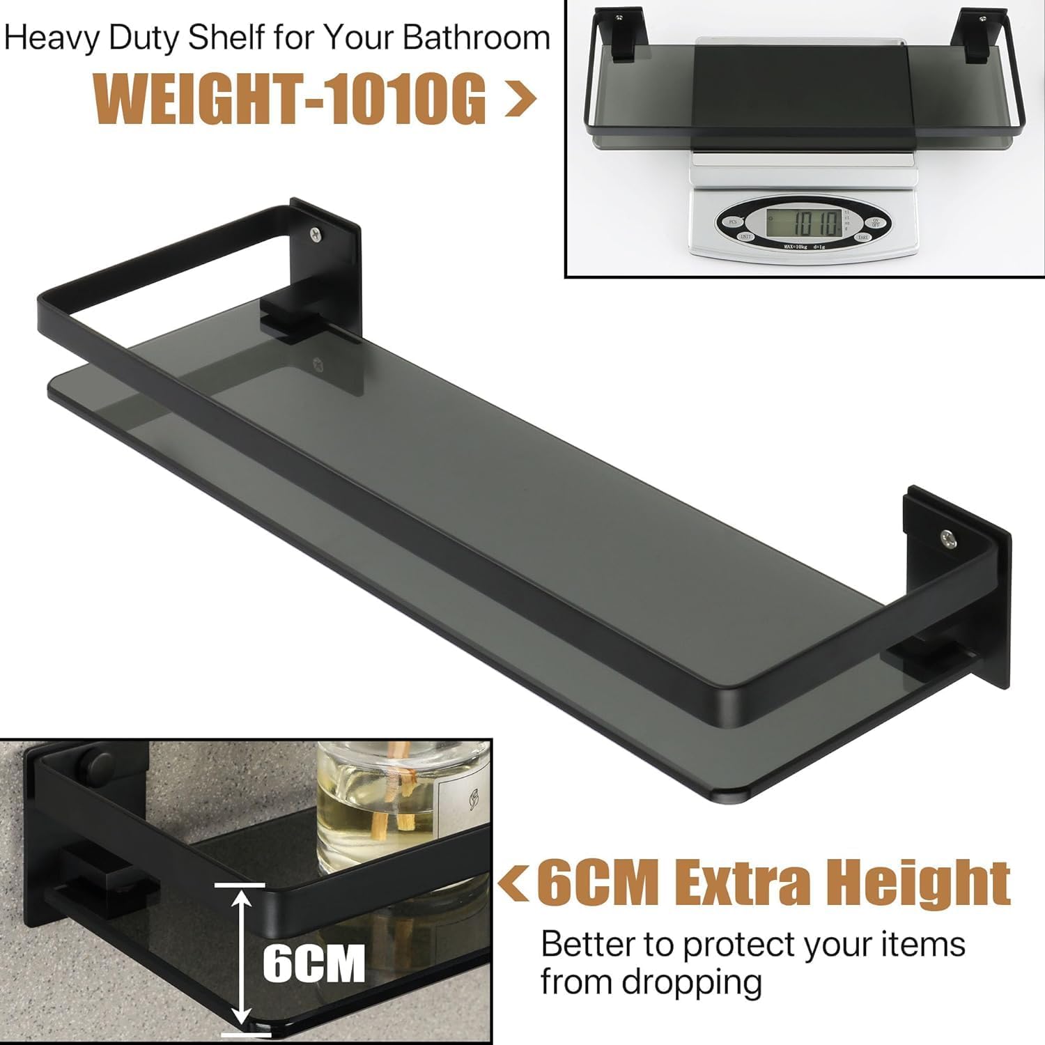 Thumbnail 4 de SAYAYO 38cm Black Tempered Glass Bathroom Shelf