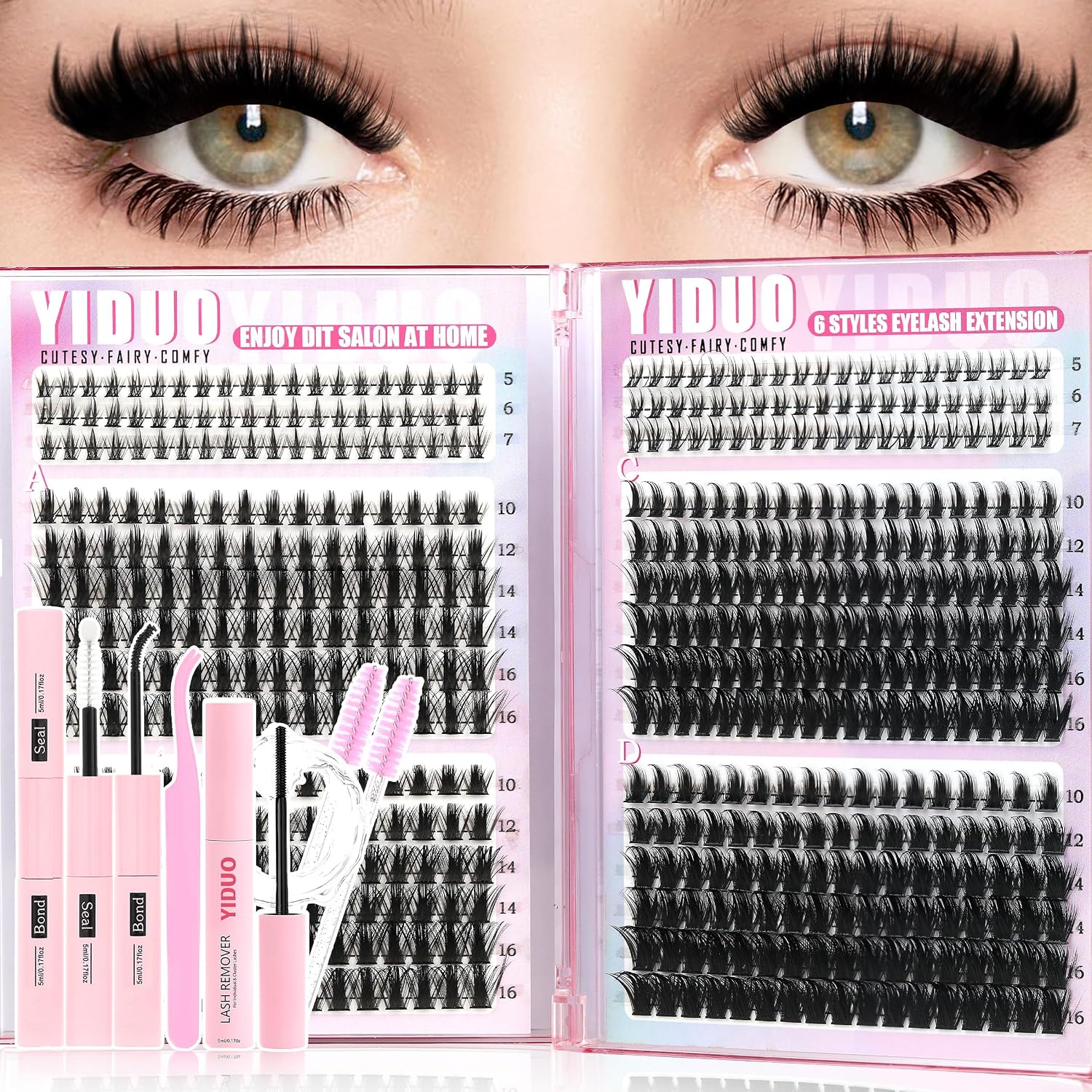 Detalle de YIDUO 534-Piece Manga Lash Cluster Kit with Bottom Lashes and Bond & Seal