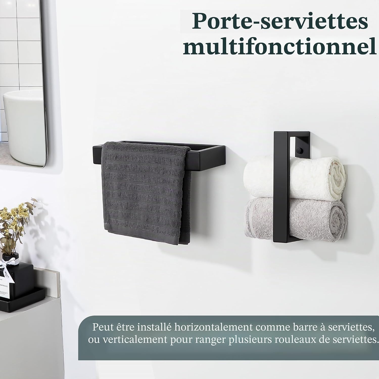 Thumbnail 4 de SAYAYO Porte-Serviette Salle de Bain Adhésif/Montage à Vis en SUS304, 20 cm, Noir Mat – sans perçage