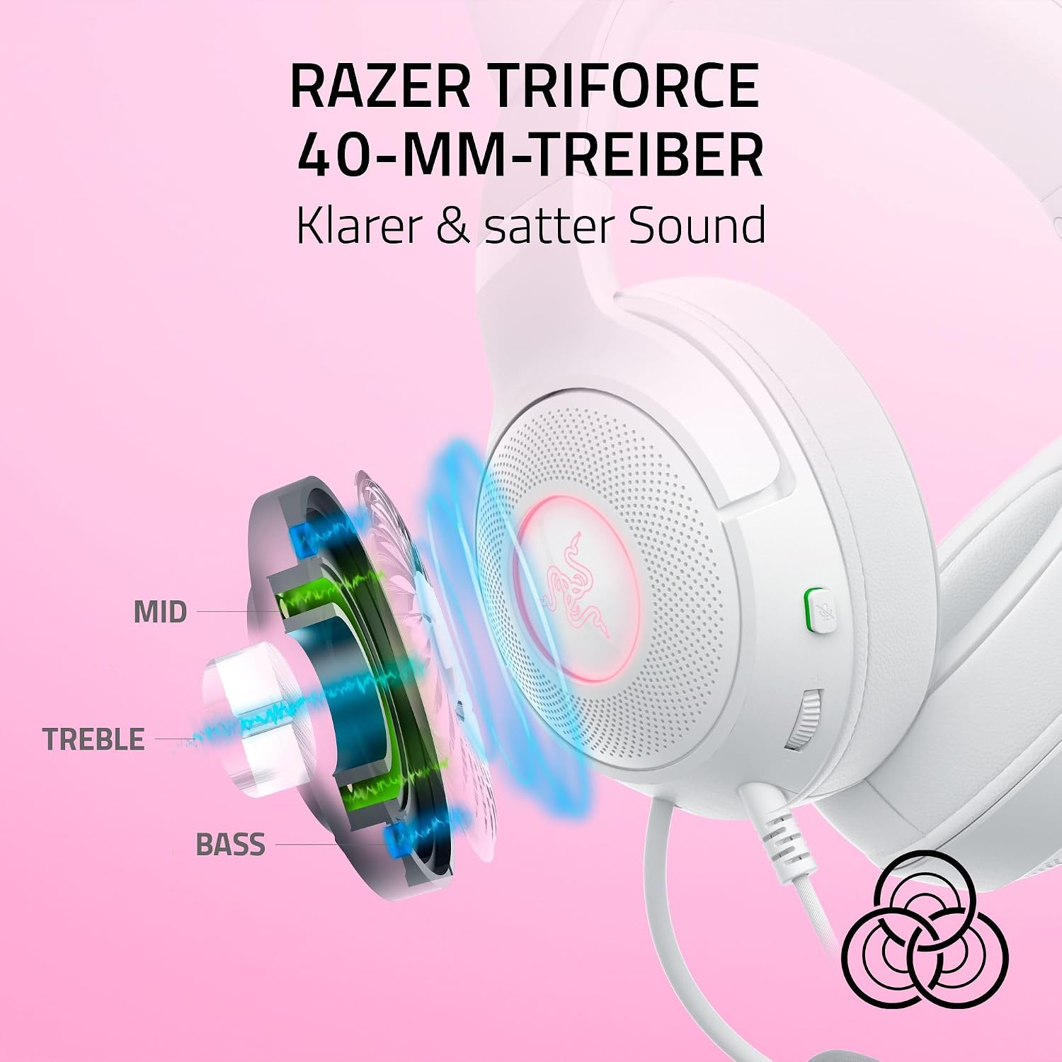 Detalle de Razer Kraken Kitty V2 kabelgebundenes RGB-Gaming-Headset mit Kitty-Ohren, weiß