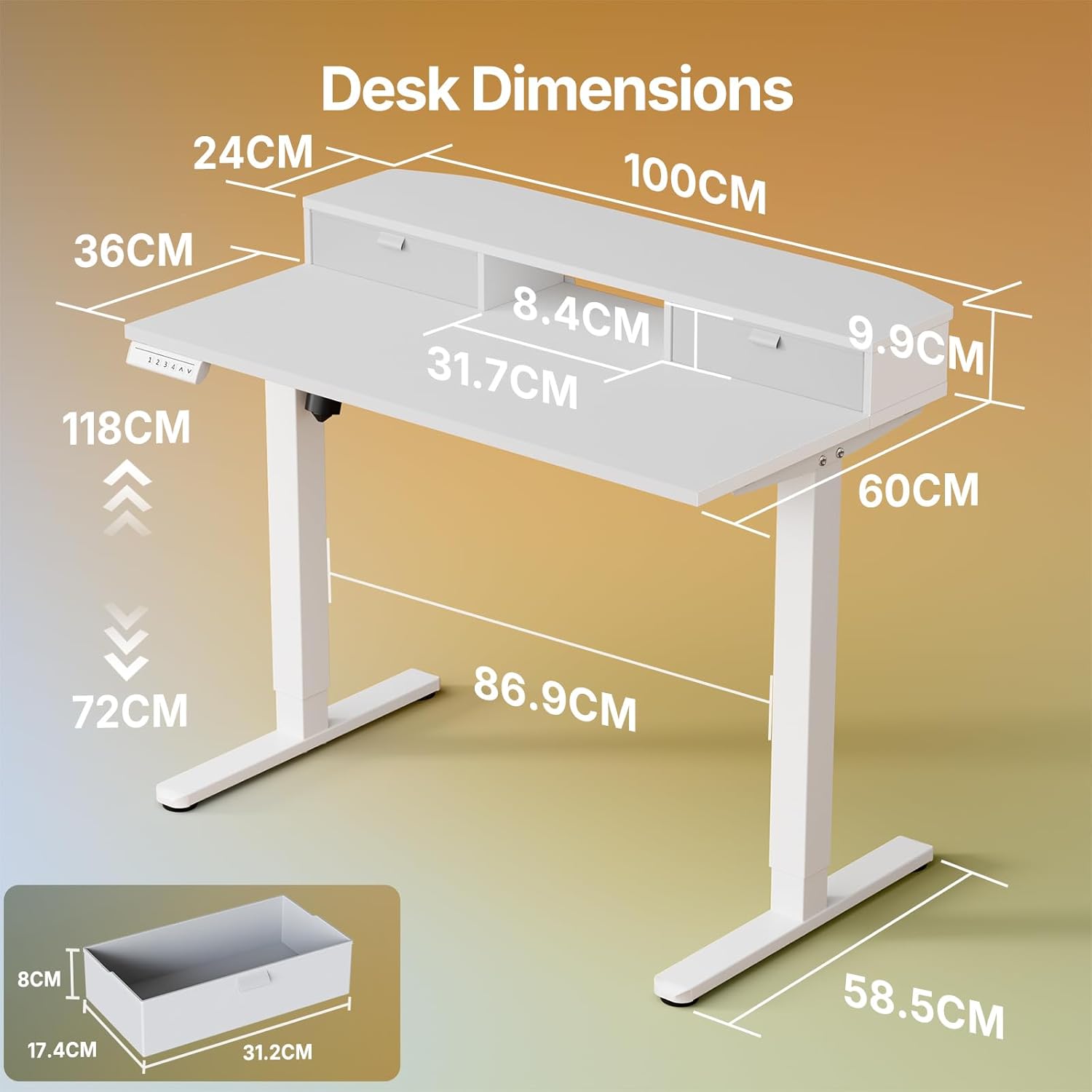 Detalle 2 de HUANUO 100 x 60 cm Electric Standing Desk with Drawers – A practical UK-focused review
