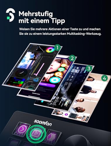 Detalle de SOOMFON Stream Controller SE – 6 LCD-Makrotasten, 3 Szenentasten & Regler