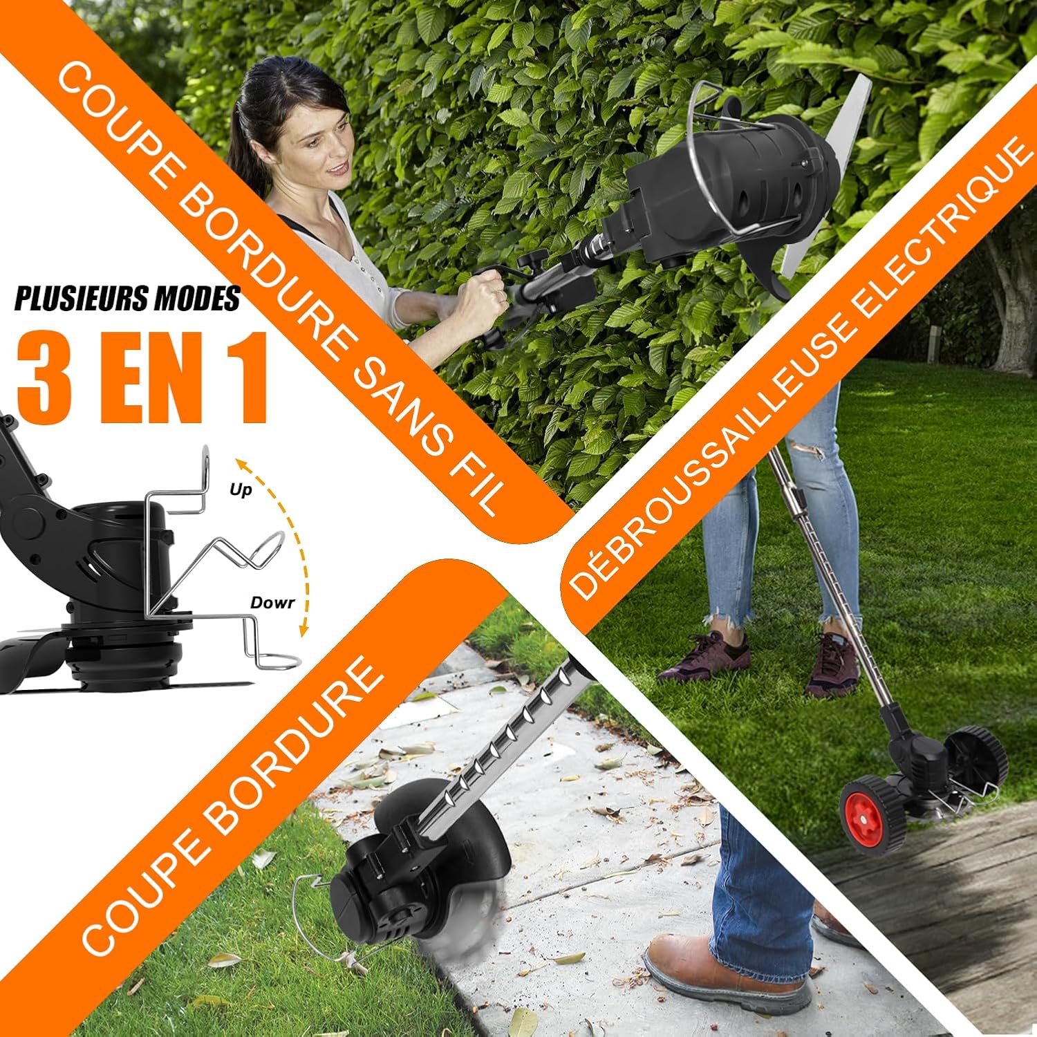 Detalle de DéBroussailleuse à Électrique Sans Fil 21V – 2 Batteries + Chargeur Rapide, 4 Lames et Roues (Élagage et Taille des Bordures)
