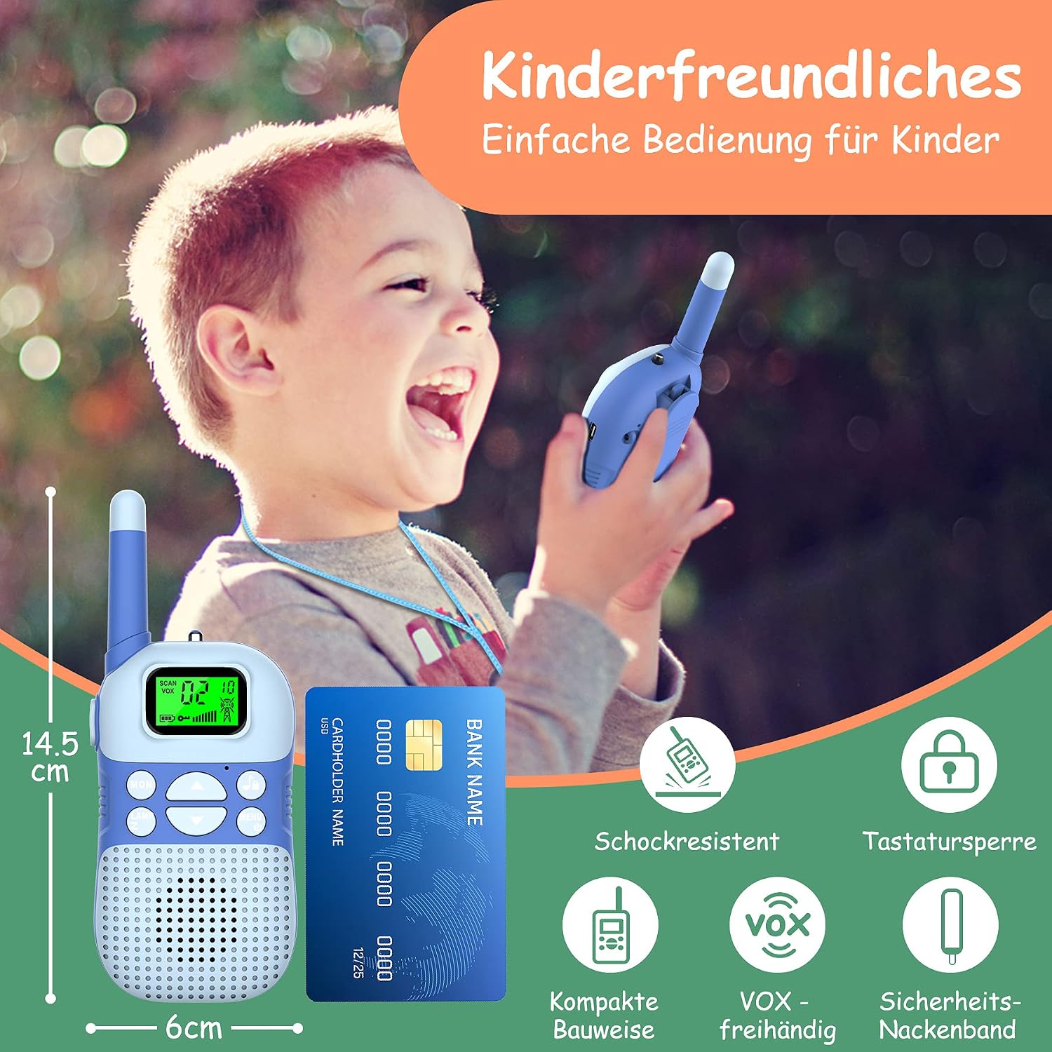 Detalle de Kidsfun Walkie Talkie Kinder – USB wiederaufladbar, 3 Meilen Reichweite, Taschenlampe, ab 3 Jahren