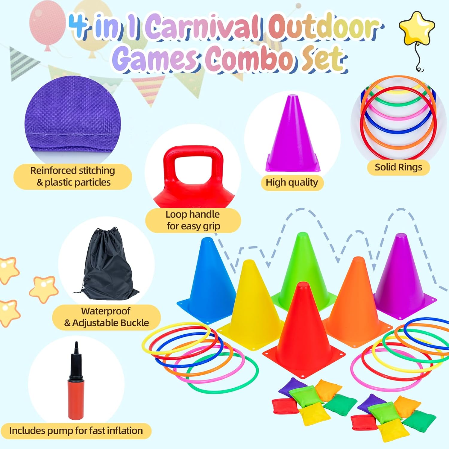 Thumbnail 2 de JOY SPOT! Carnival Outdoor Games Combo Set for Kids — 4-in-1 Fun Pack with Hopper Balls, Ring Toss, Cones, and More