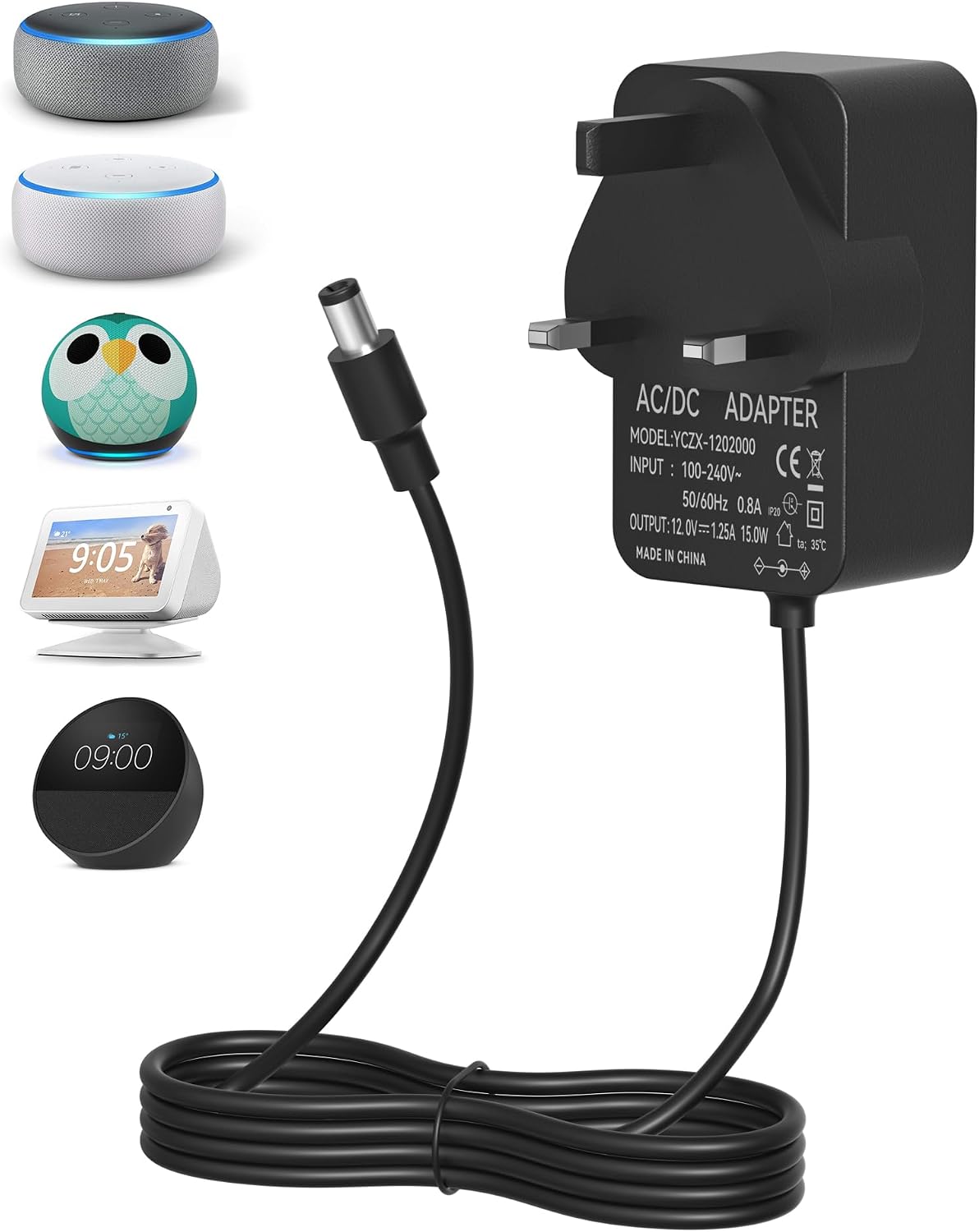 Detalle de Binamao 12V 1.25A 15W Power Supply Charger for Echo & More (1.5m Cable) – UK Plug