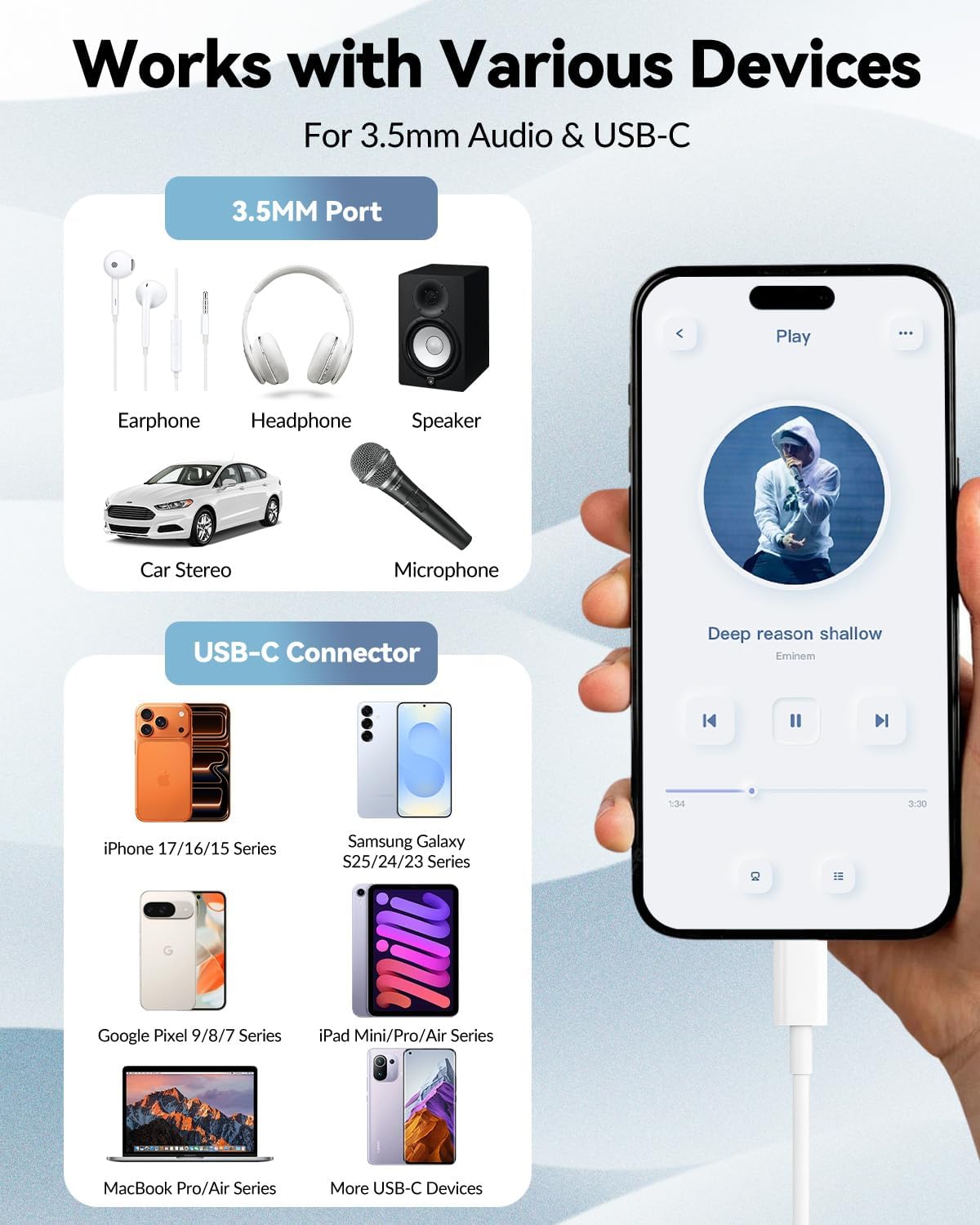 Detalle 2 de Seulliya USB-C to 3.5mm Headphone Jack Adapter (2-Pack) with Hi-Res DAC