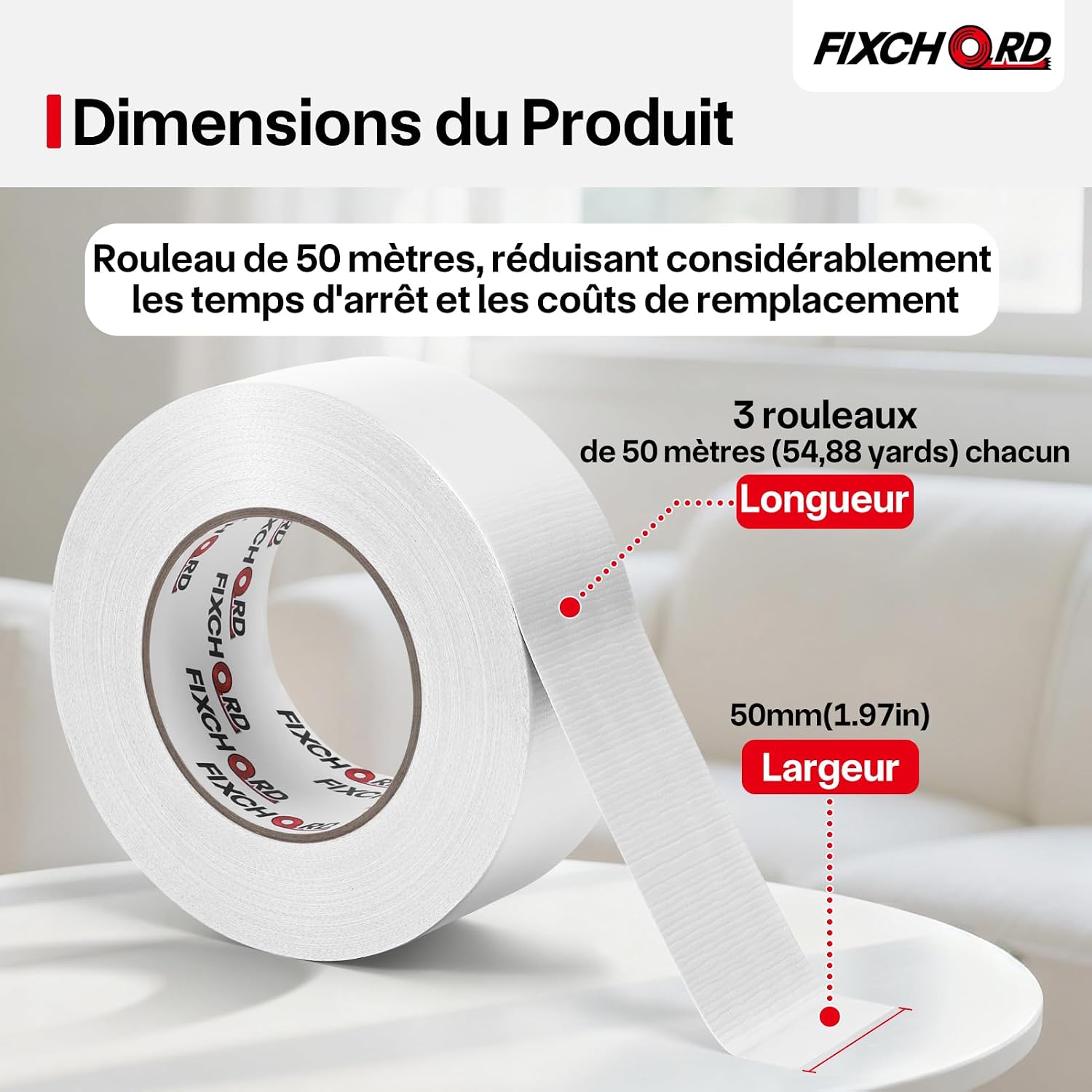 Thumbnail 1 de FIXCHORD Ruban Adhésif Toilé 25 mm × 50 m — Duct Tape extra fort, imperméable