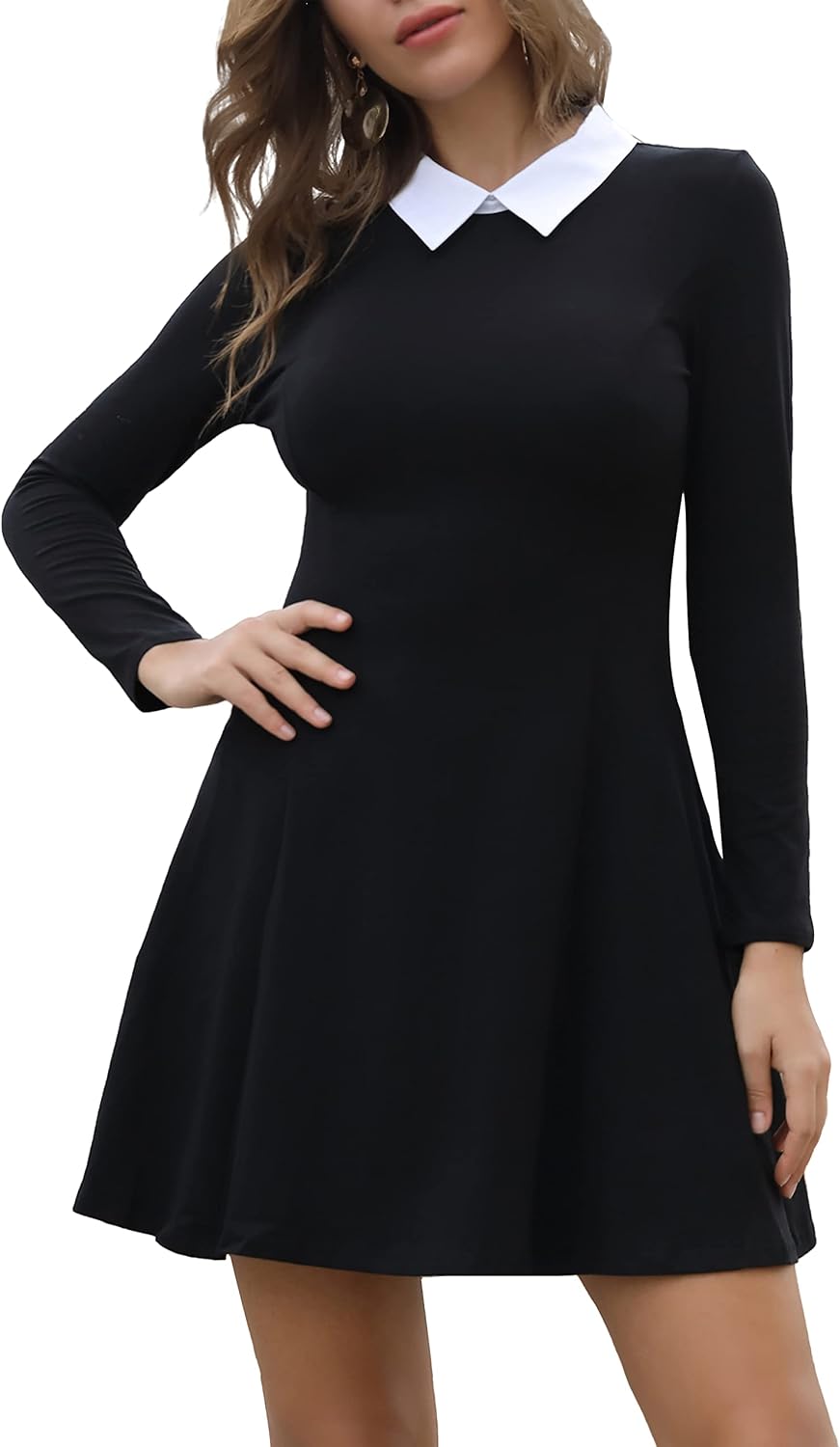 Detalle de Aphratti Women's Peter Pan Collar Skater Dress, Long Sleeve Cotton Blend