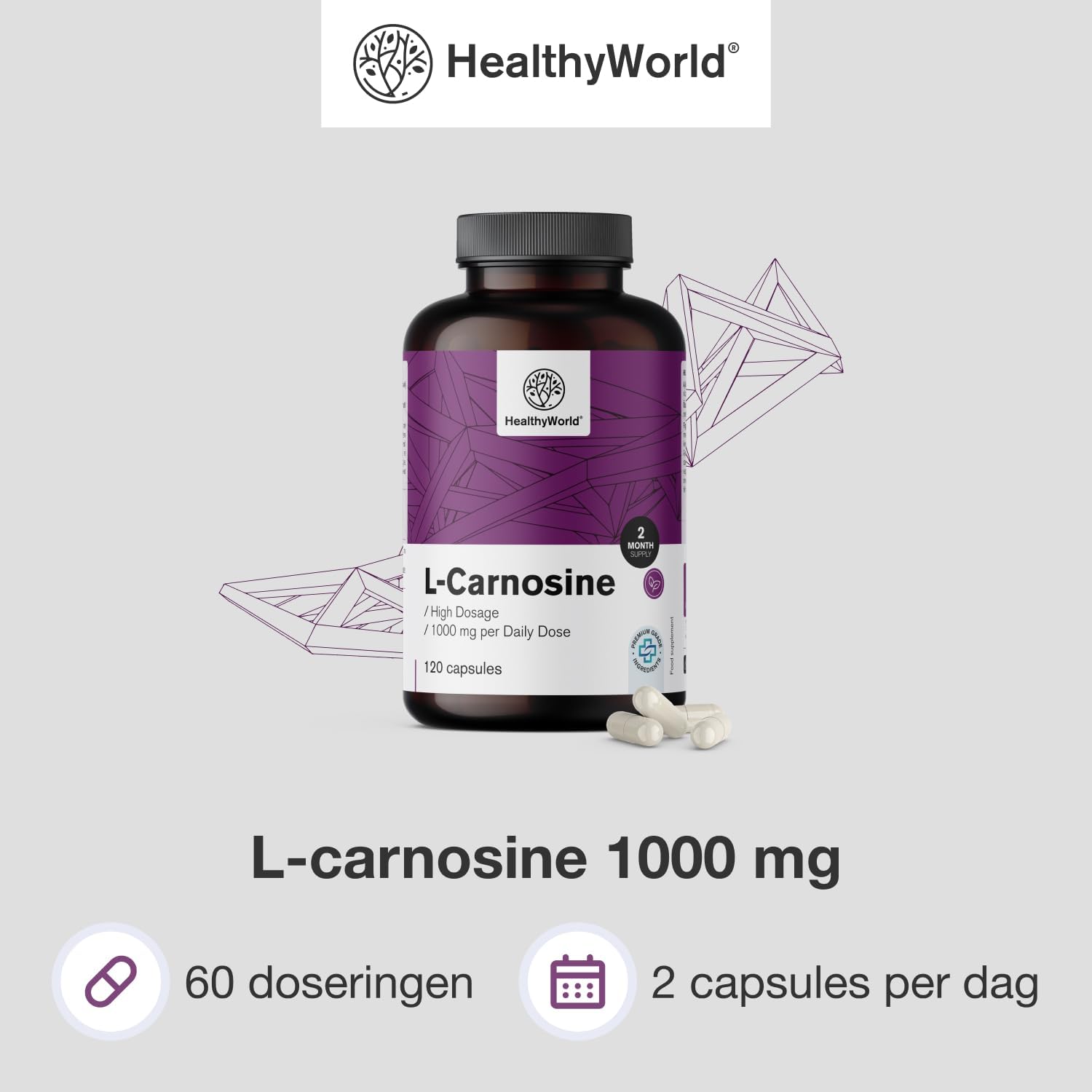 Detalle de HealthyWorld L-Carnosine 1.000 mg, 120 plantaardige capsules