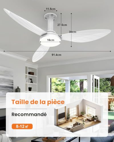 Thumbnail 8 de Hisummer Ventilateur Plafond 91 cm avec Lumière et Montage Rapide en 3 Étapes