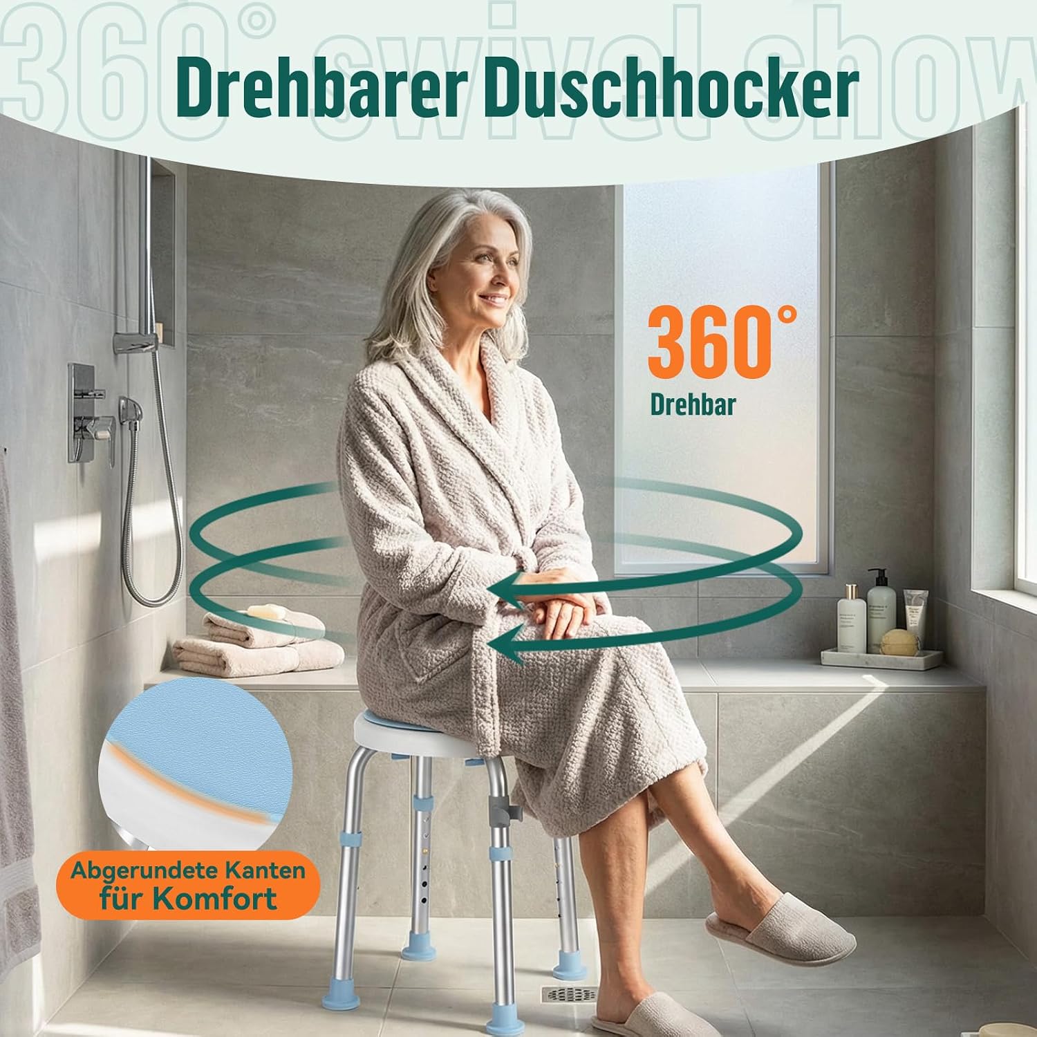 Detalle de Luckfaith LC01 360° drehbarer, höhenverstellbarer Duschstuhl aus Aluminium (rutschfester Duschhocker)