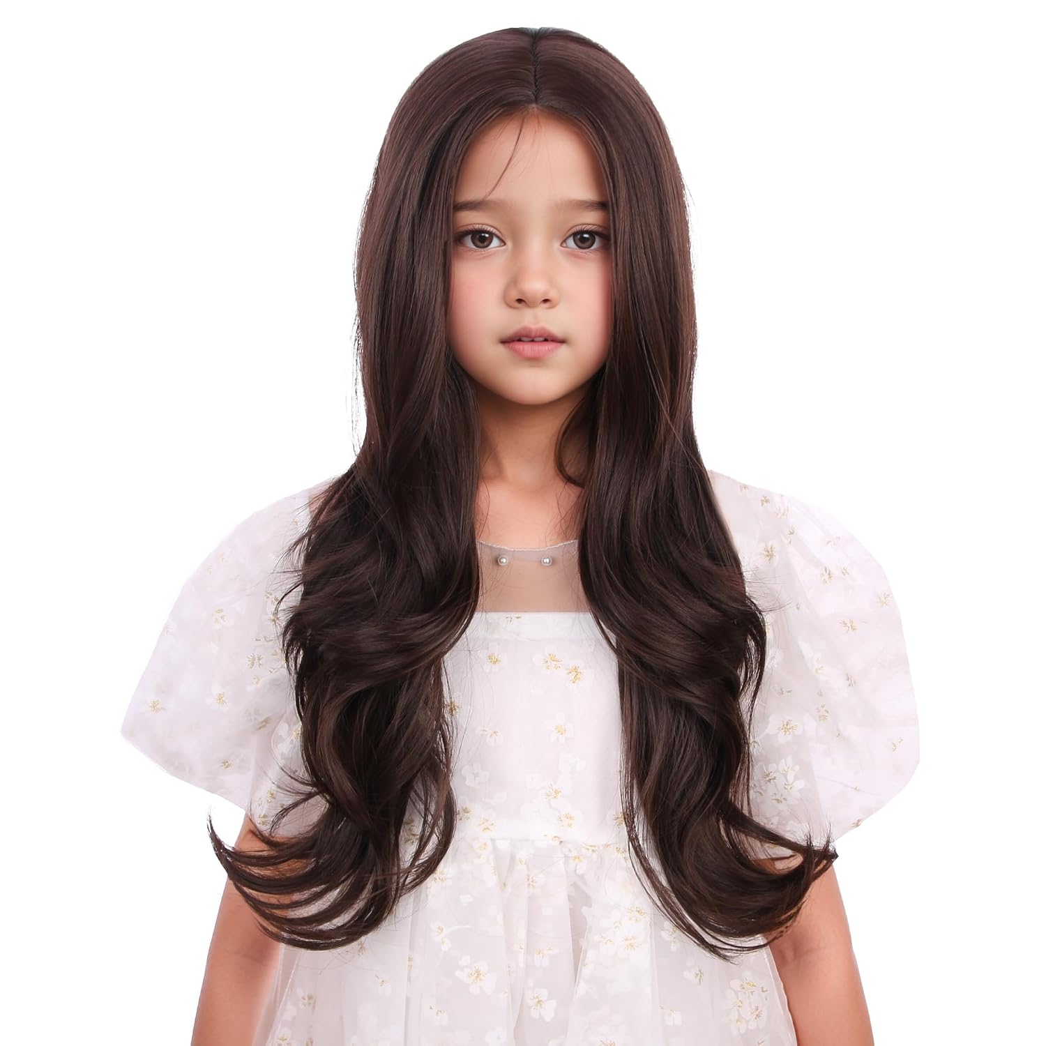 Detalle de Edivd Kids Mixed Brown Wavy Curly Wig, 22-Inch Heat-Resistant Synthetic Hair