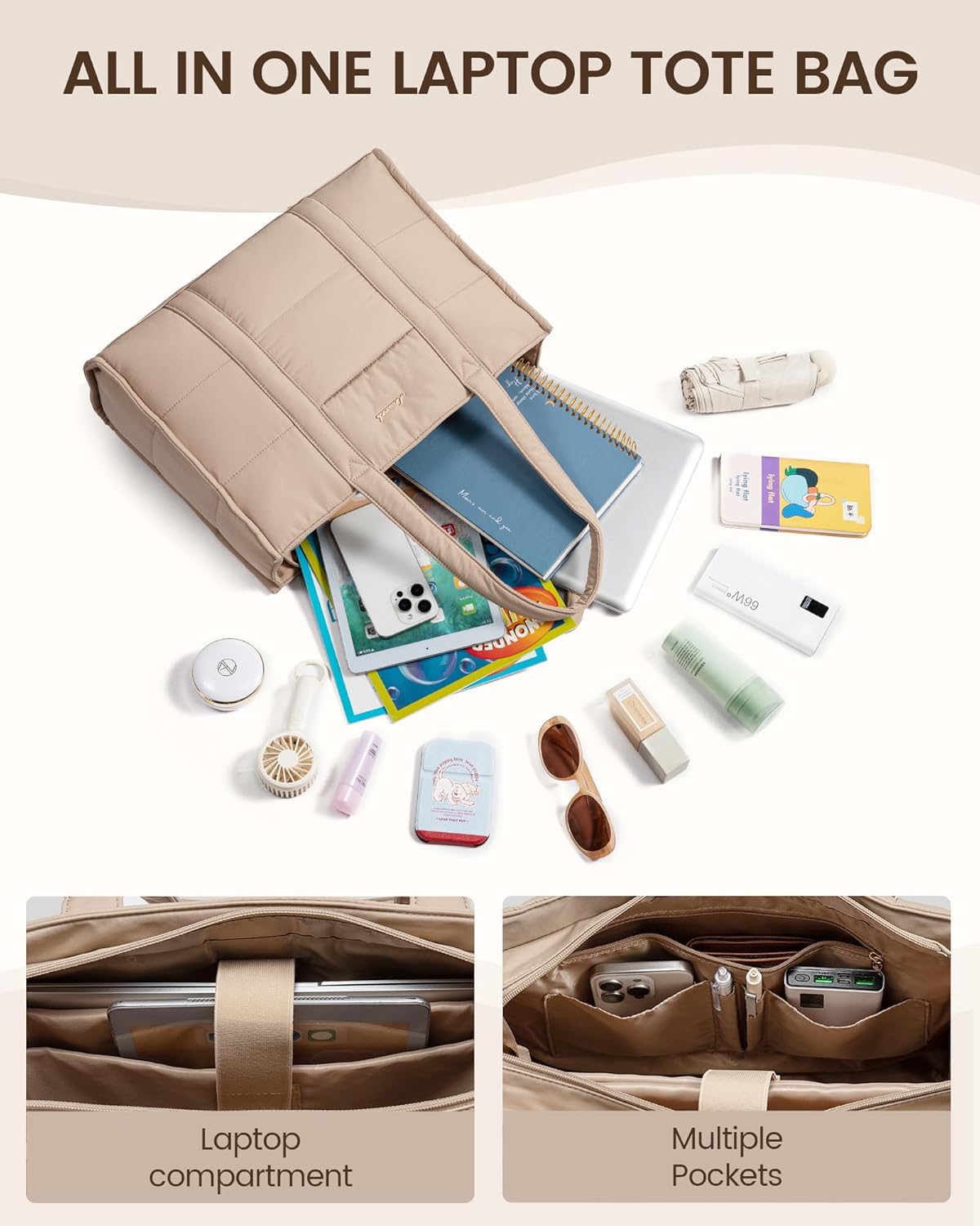 Detalle de LOVEVOOK Tote Bags for Women: Puffer Quilted Work Bag with Laptop Compartments