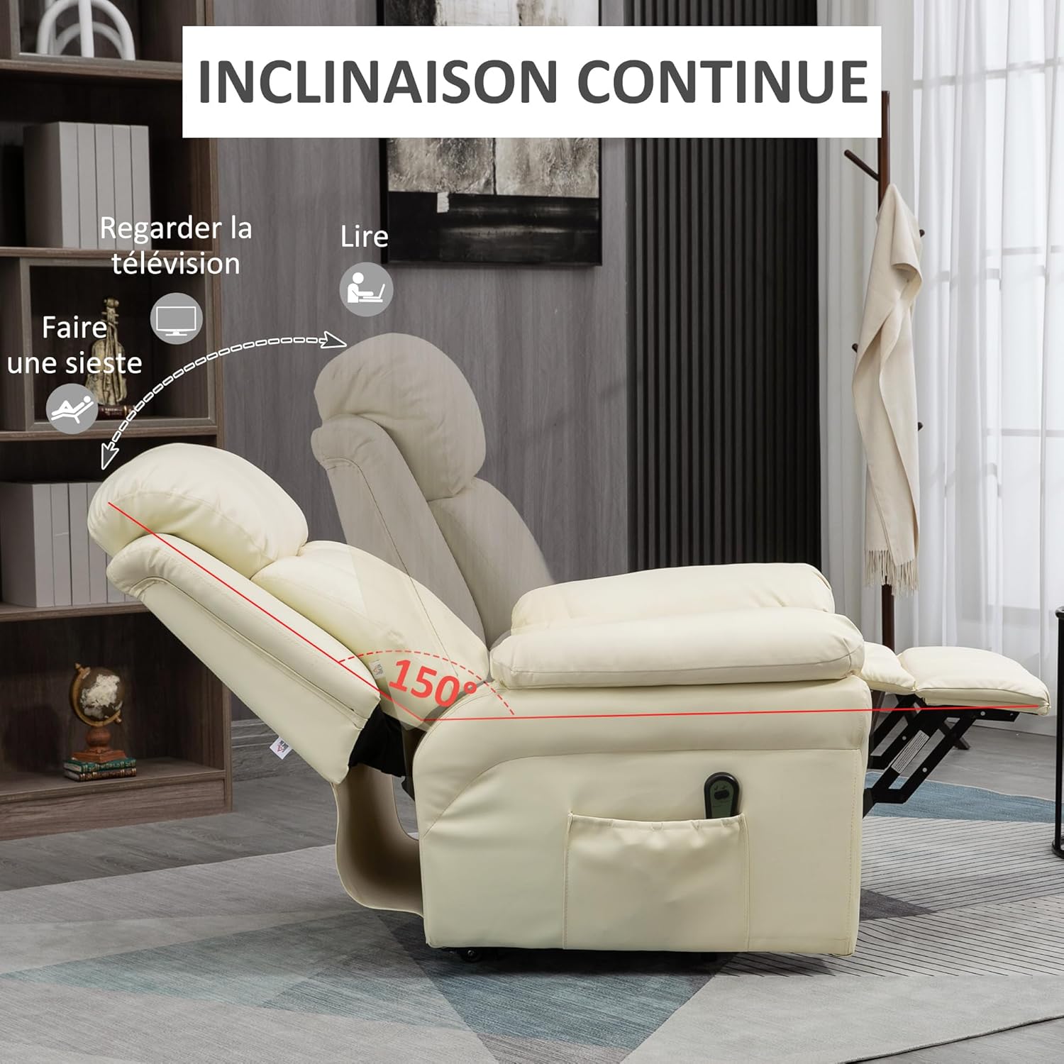 Detalle de HOMCOM Fauteuil releveur électrique avec télécommande et repose-pied ajustable, crème