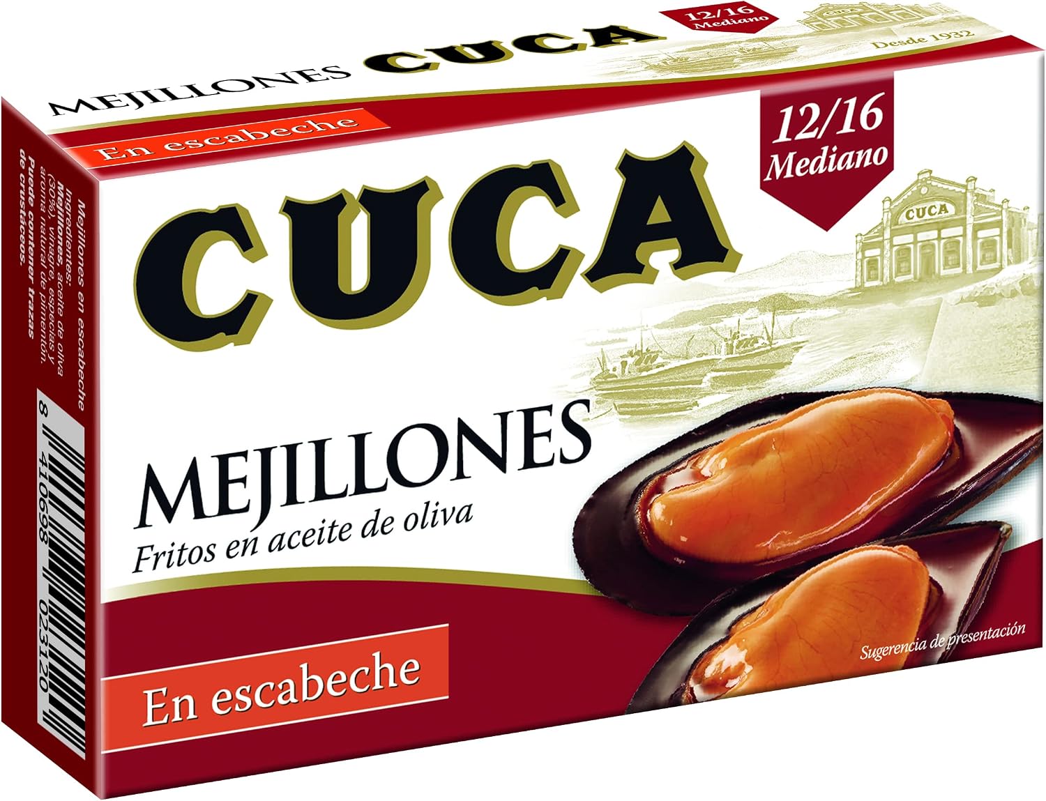 Detalle de Mejillones Cuca en escabeche 12/16 piezas, pack de 5 latas 🦪