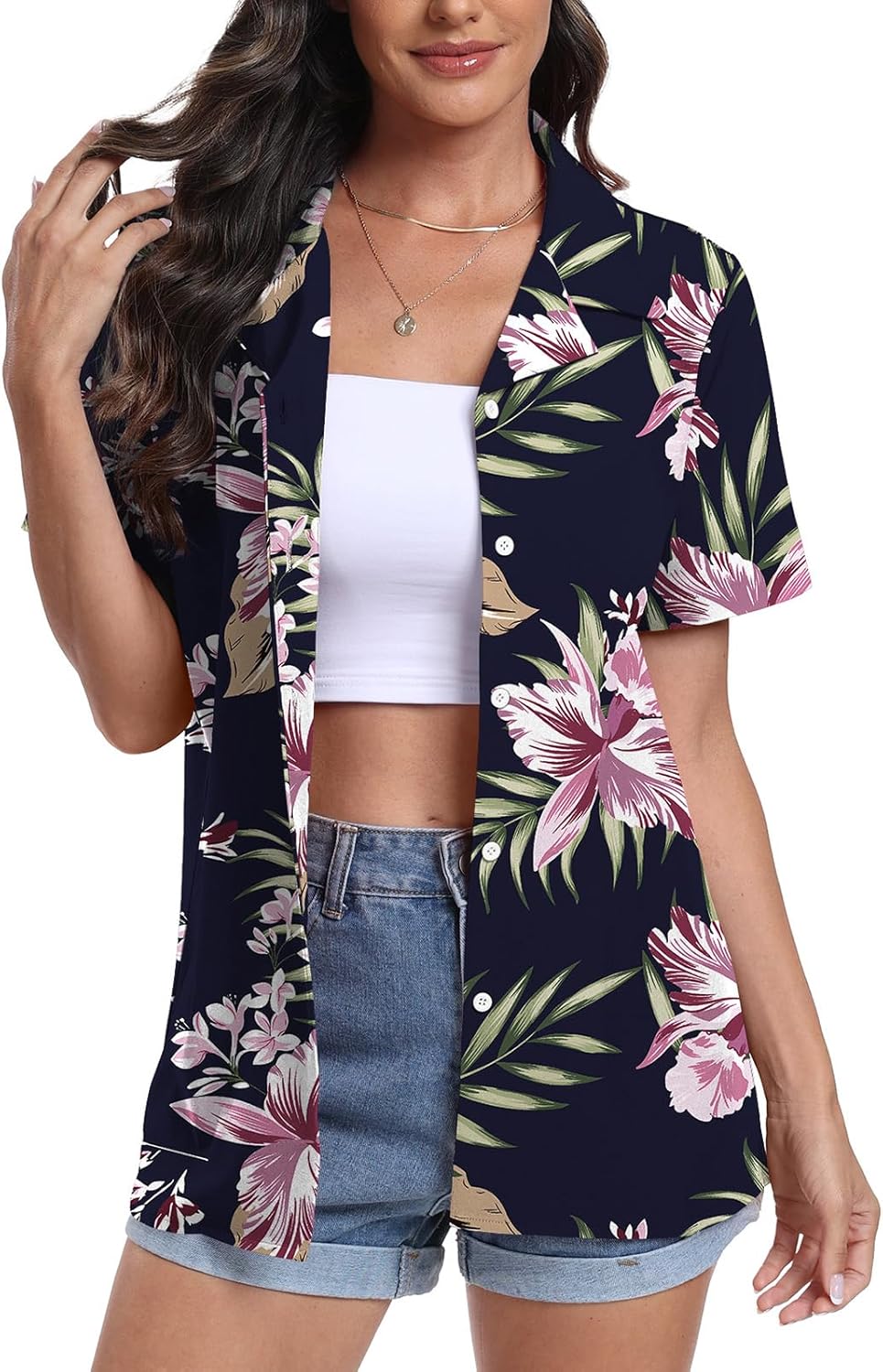Thumbnail 6 de YUNDAI Women's Hawaiian Short Sleeve Button-Down Shirt with Floral Tropic Print