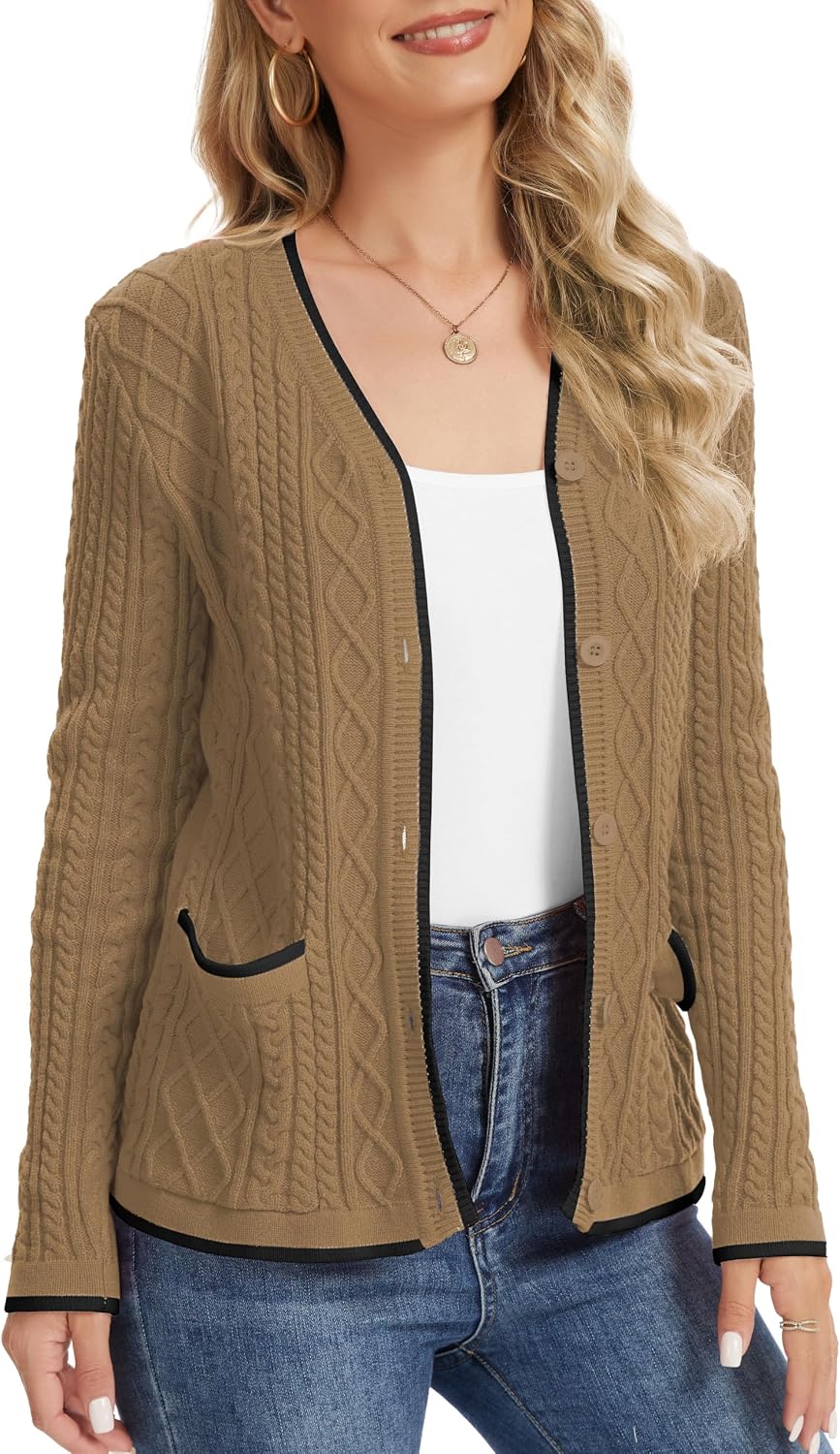 Detalle 2 de QUEZHU Women's V-Neck Button Cardigan with Pockets