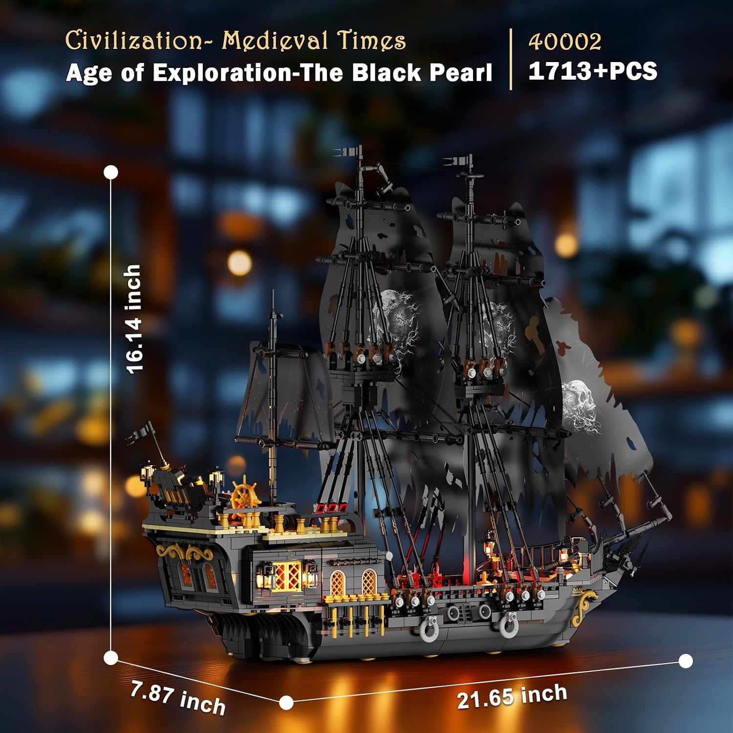 Thumbnail 6 de JMBricklayer Pearl Pirate Ship with Lights (1713 PCS) — Black Ship Model Kit 40002