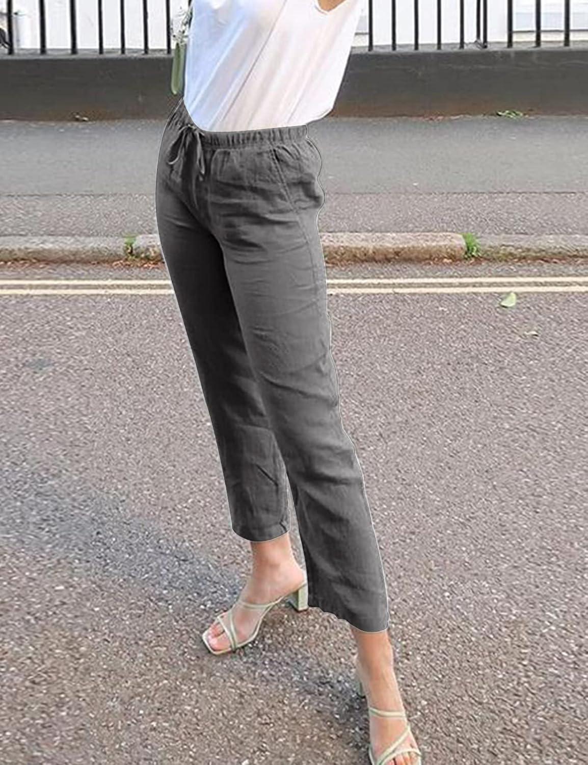 Detalle de Pantalon Femme Yuson en Lin Décontracté – Poches, Taille Élastique, 7 couleurs