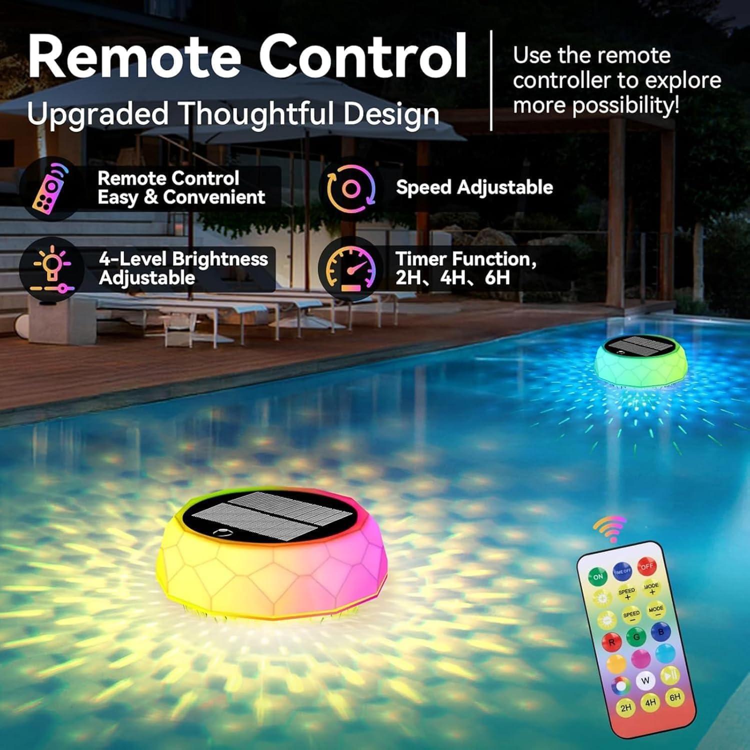Thumbnail 2 de yowin Poolbeleuchtung Solar schwimmend mit Fernbedienung, dimmbar (IP68, 7 Farben, 3 Modi)